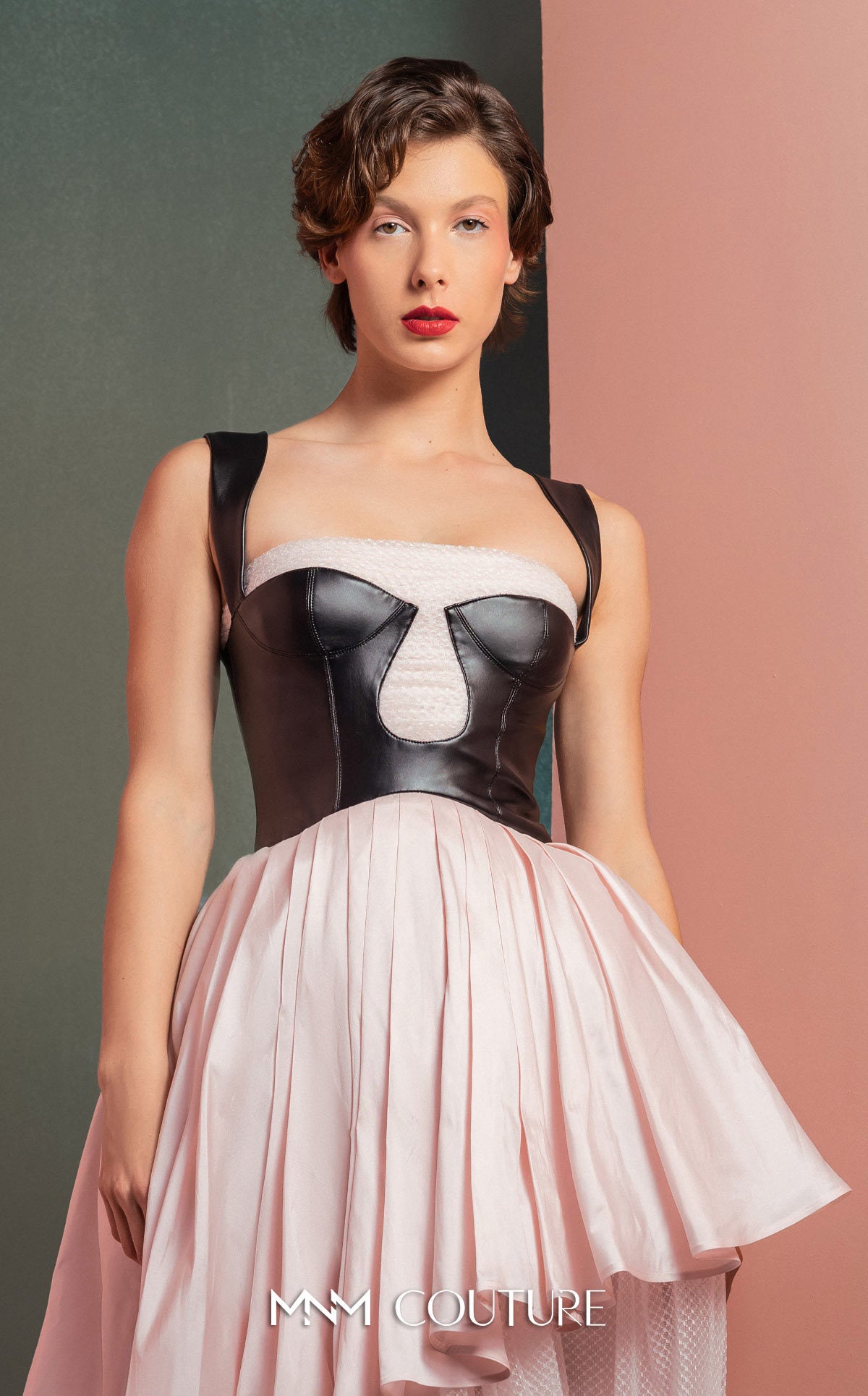 Style GOF2530 Modern Pink Midi Dress with Leather Bodice
