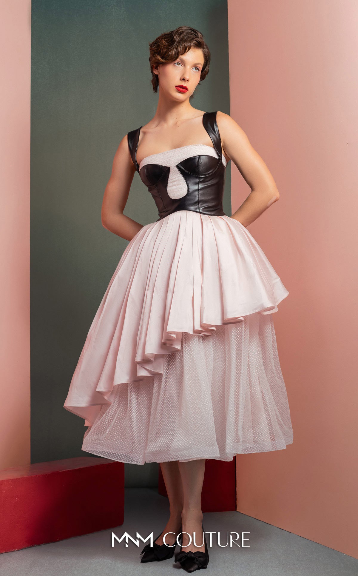 Style GOF2530 Modern Pink Midi Dress with Leather Bodice