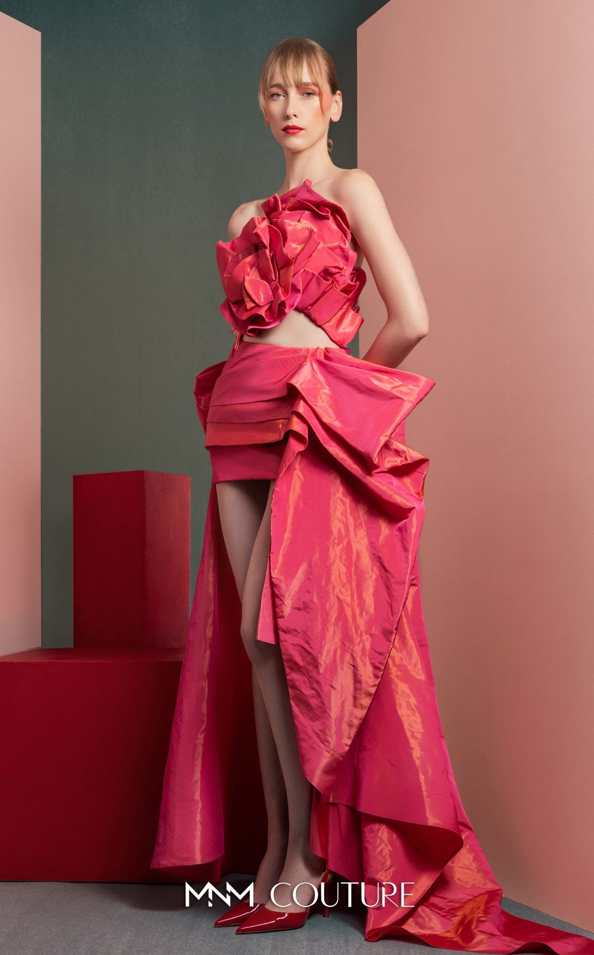 Style GOF2531 Luxurious Deep Fuscia top with Dangling Lace Finish Asymmetrical Fuscia Metallic Taffeta Asymmetrical Skirt