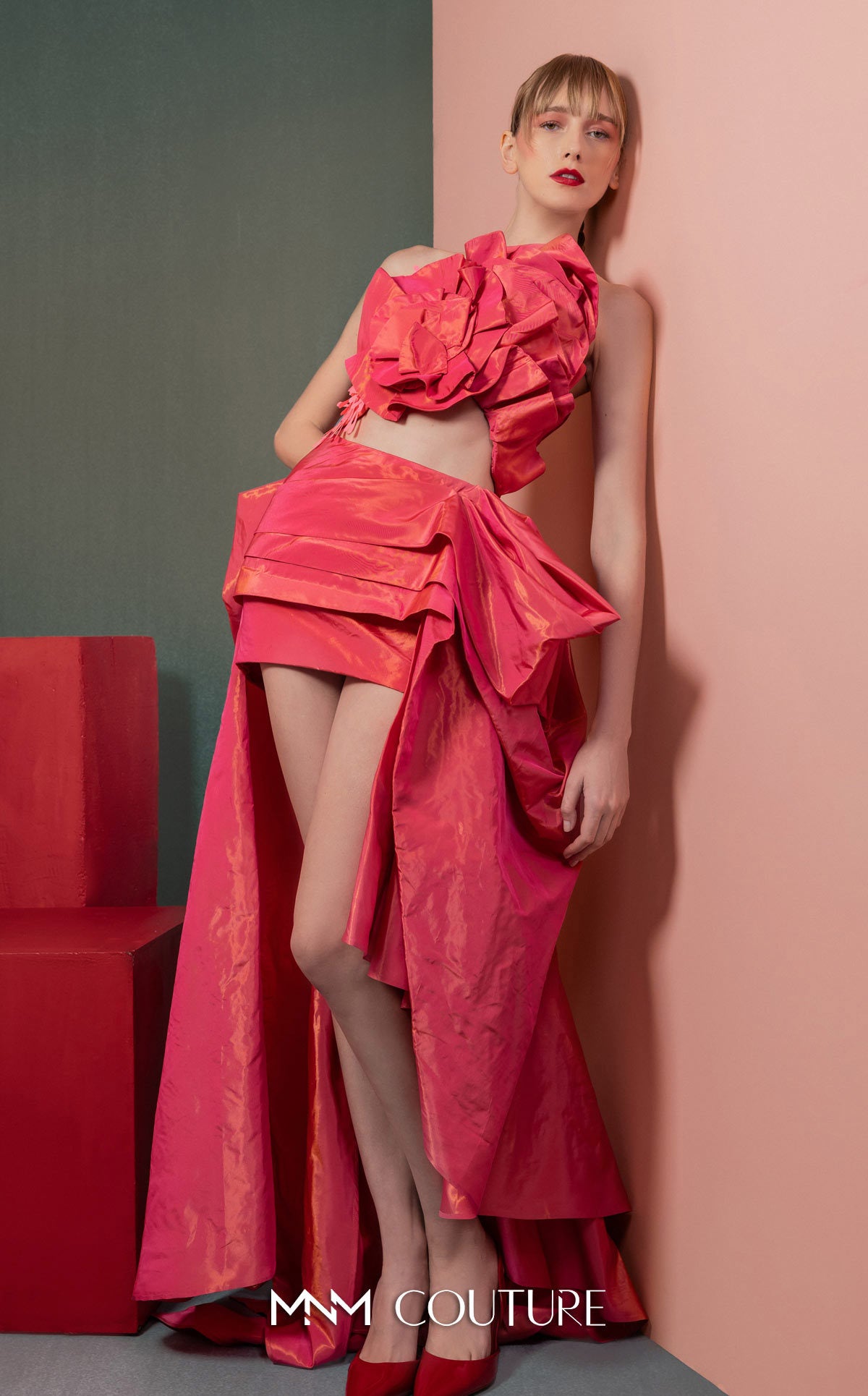 Style GOF2531 Luxurious Deep Fuscia top with Dangling Lace Finish Asymmetrical Fuscia Metallic Taffeta Asymmetrical Skirt