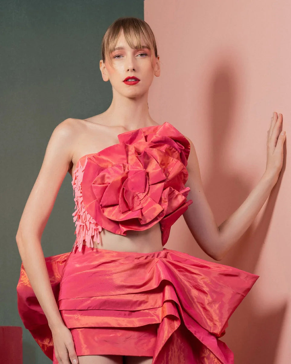 Style GOF2531 Luxurious Deep Fuscia top with Dangling Lace Finish Asymmetrical Fuscia Metallic Taffeta Asymmetrical Skirt