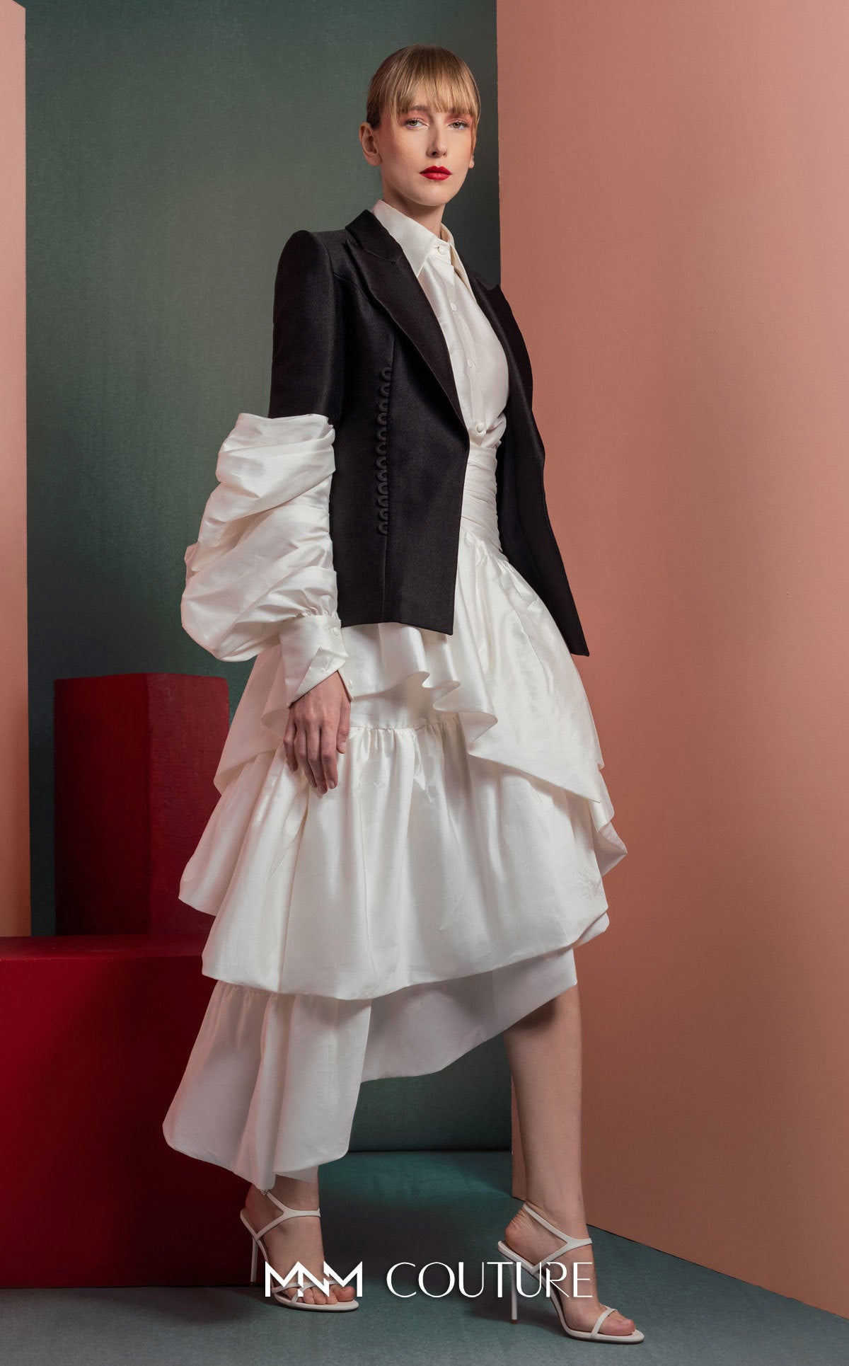 Style GOF2532 Minimalist Black Blazer Contemporary Versatile Blouse with Puffed Sleeves And skirt