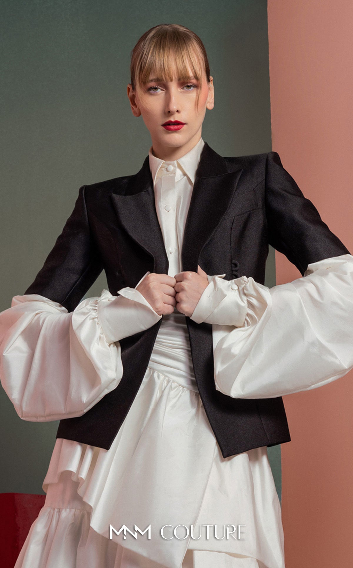 Style GOF2532 Minimalist Black Blazer Contemporary Versatile Blouse with Puffed Sleeves And skirt