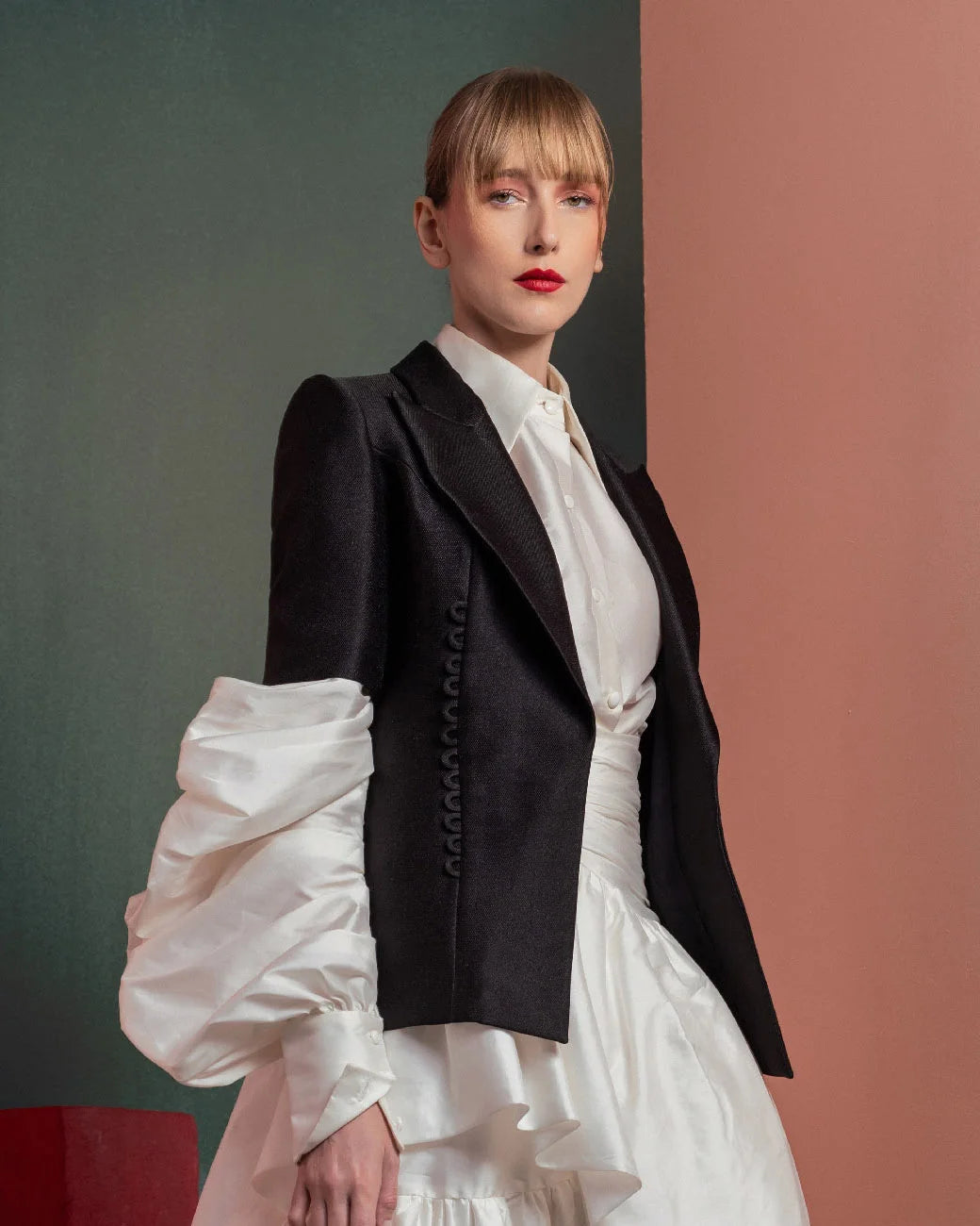 Style GOF2532 Minimalist Black Blazer Contemporary Versatile Blouse with Puffed Sleeves And skirt