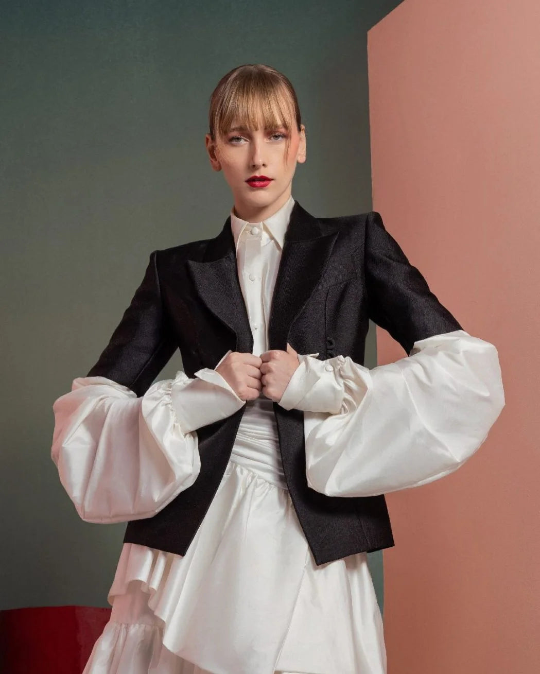Style GOF2532 Minimalist Black Blazer Contemporary Versatile Blouse with Puffed Sleeves And skirt
