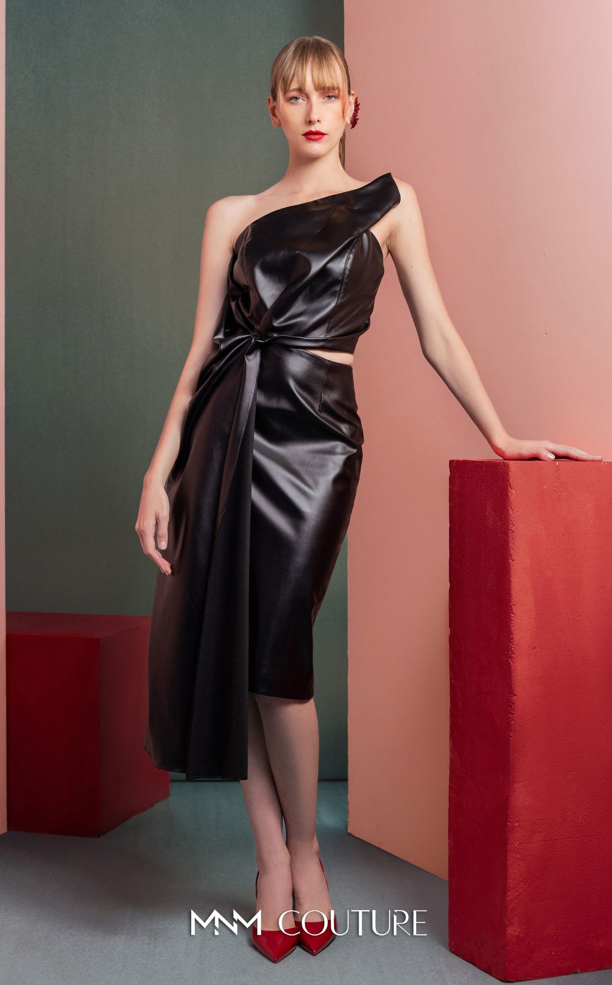 Style GOF2533 Sleek Black Leather One-Shoulder Dress with Cut-Out Detail