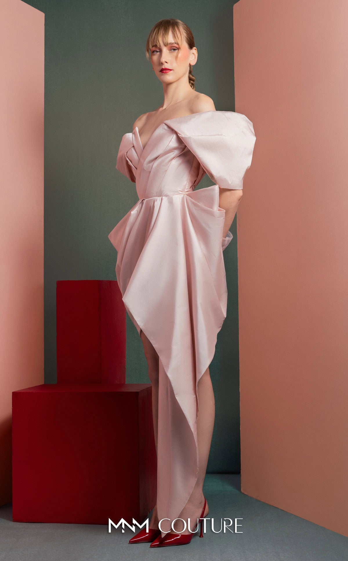 Style GOF2534 Asymmetrical Pink Taffeta Dress with Dynamic Off-Shoulders