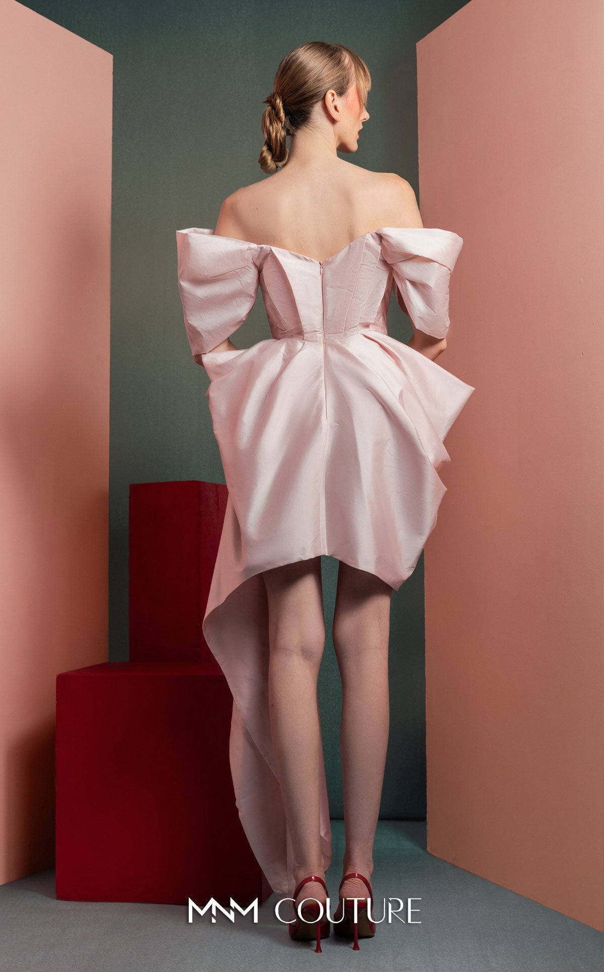 Style GOF2534 Asymmetrical Pink Taffeta Dress with Dynamic Off-Shoulders