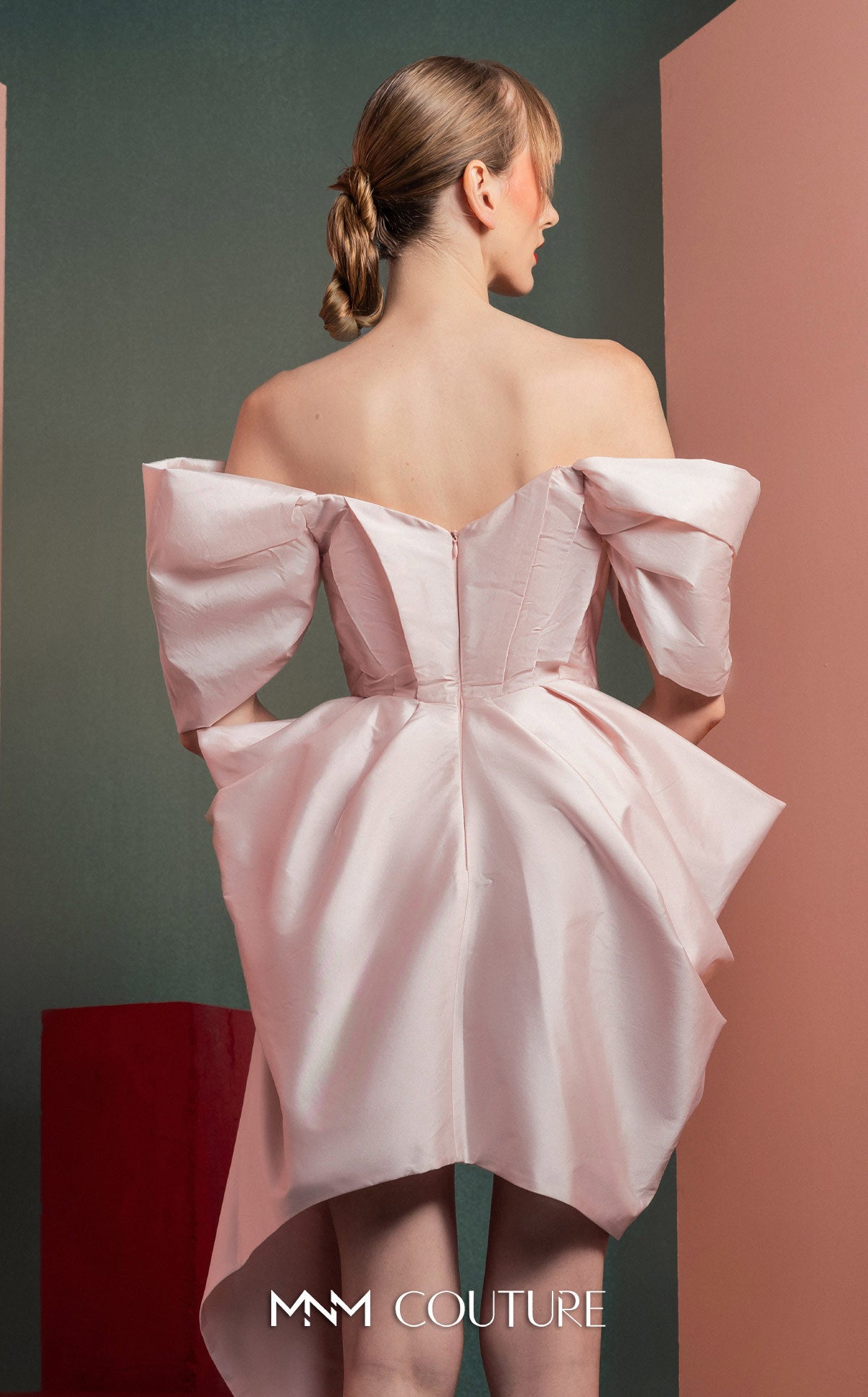 Style GOF2534 Asymmetrical Pink Taffeta Dress with Dynamic Off-Shoulders