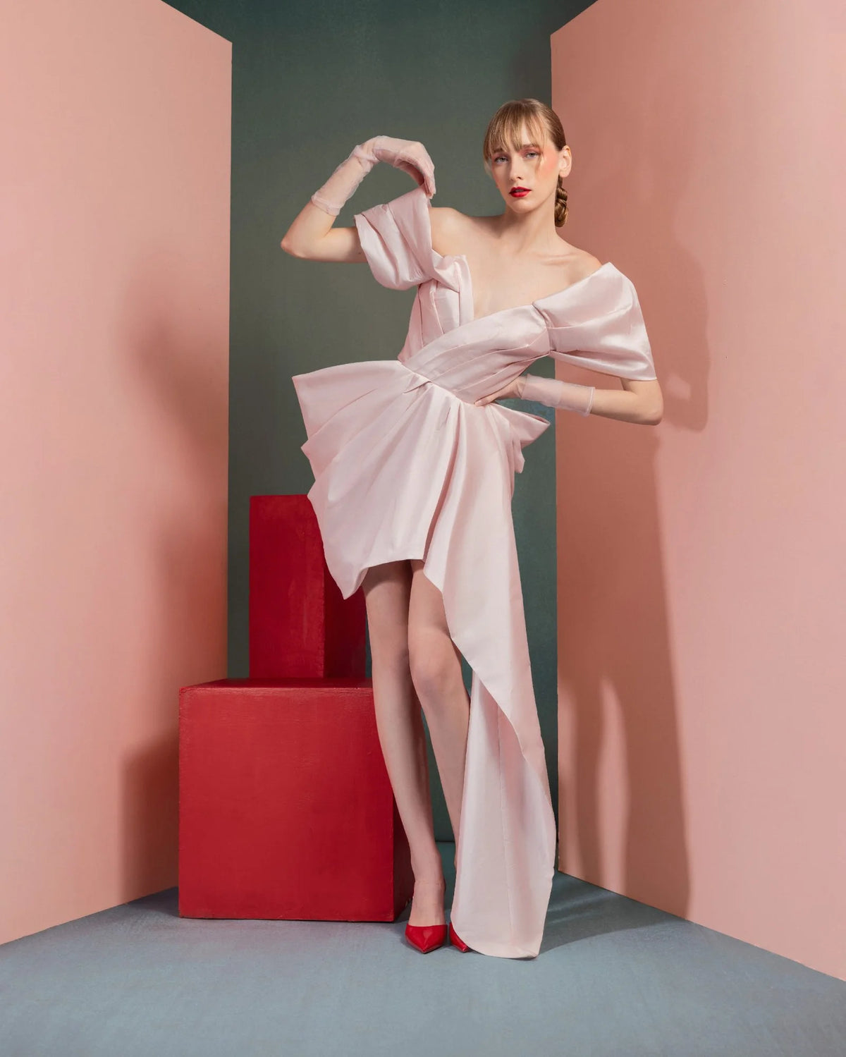 Style GOF2534 Asymmetrical Pink Taffeta Dress with Dynamic Off-Shoulders