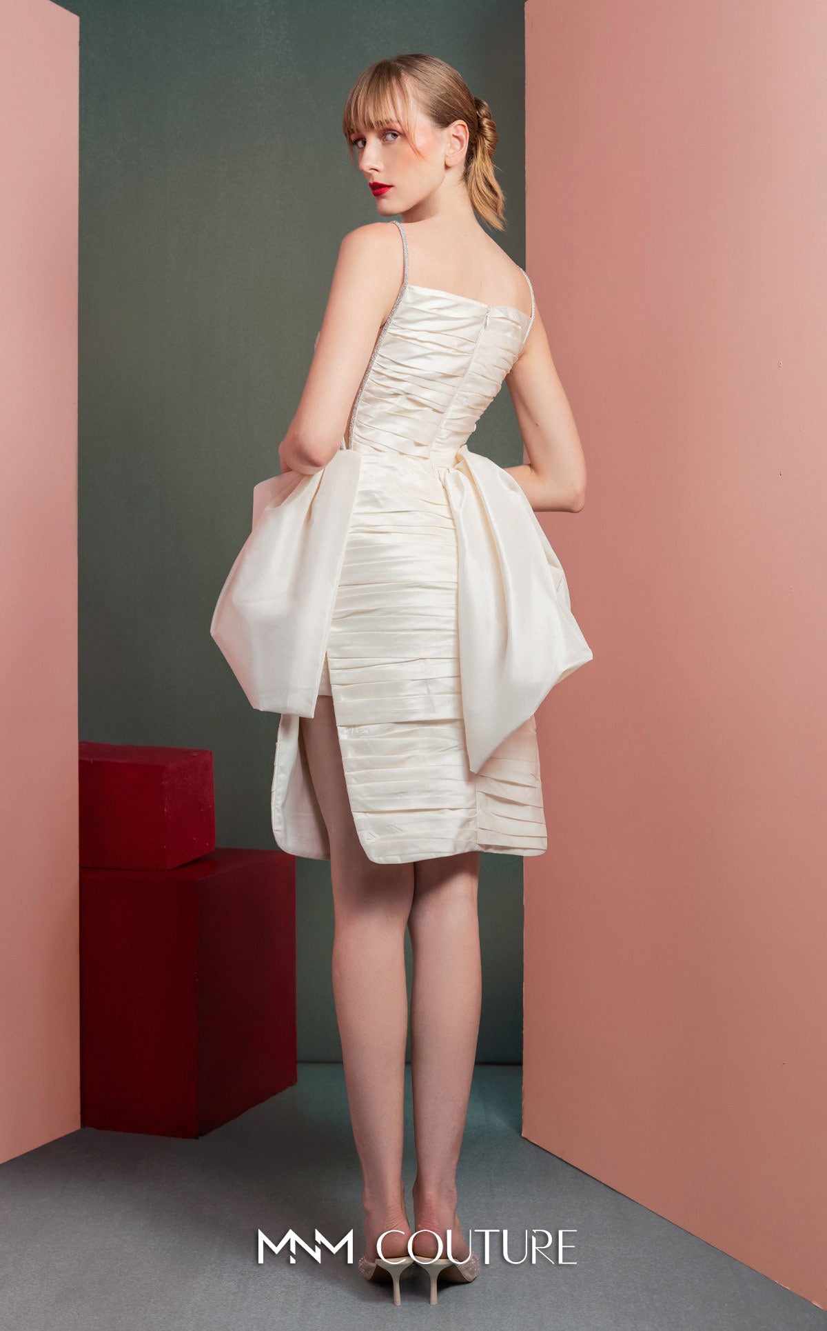 Style GOF2535 Off-White Taffeta Dress with Unique Draping and Mesh Sides