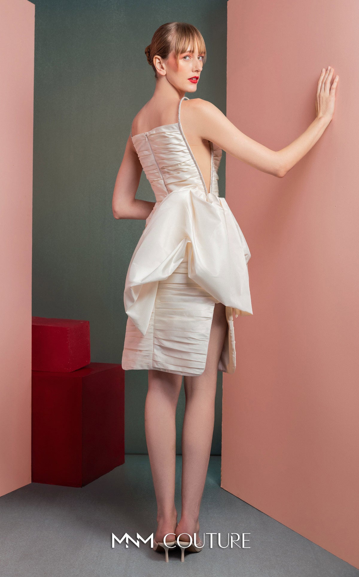Style GOF2535 Off-White Taffeta Dress with Unique Draping and Mesh Sides