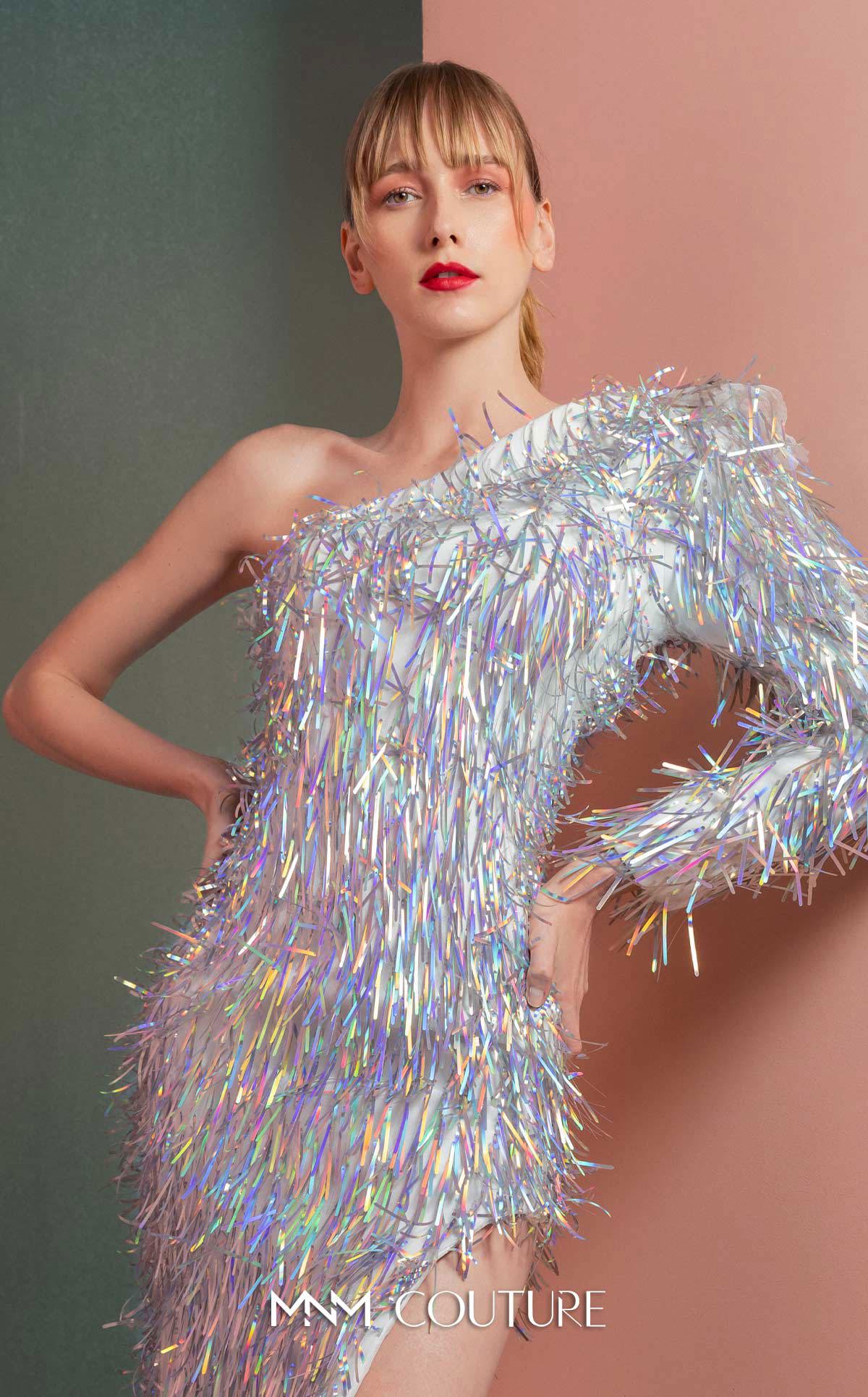 Style GOF2536 Iridescent Fringe Asymmetrical One-Shoulder Dress