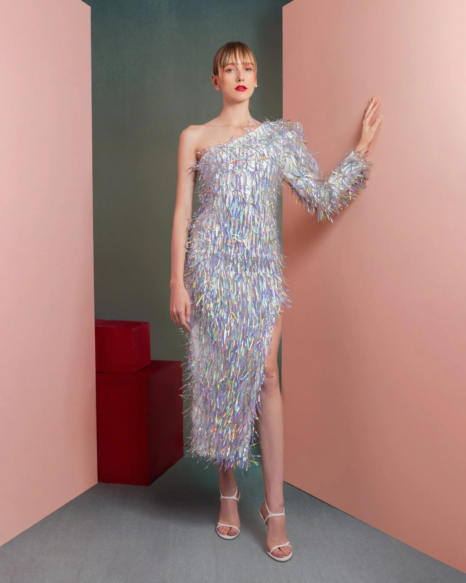 Style GOF2536 Iridescent Fringe Asymmetrical One-Shoulder Dress
