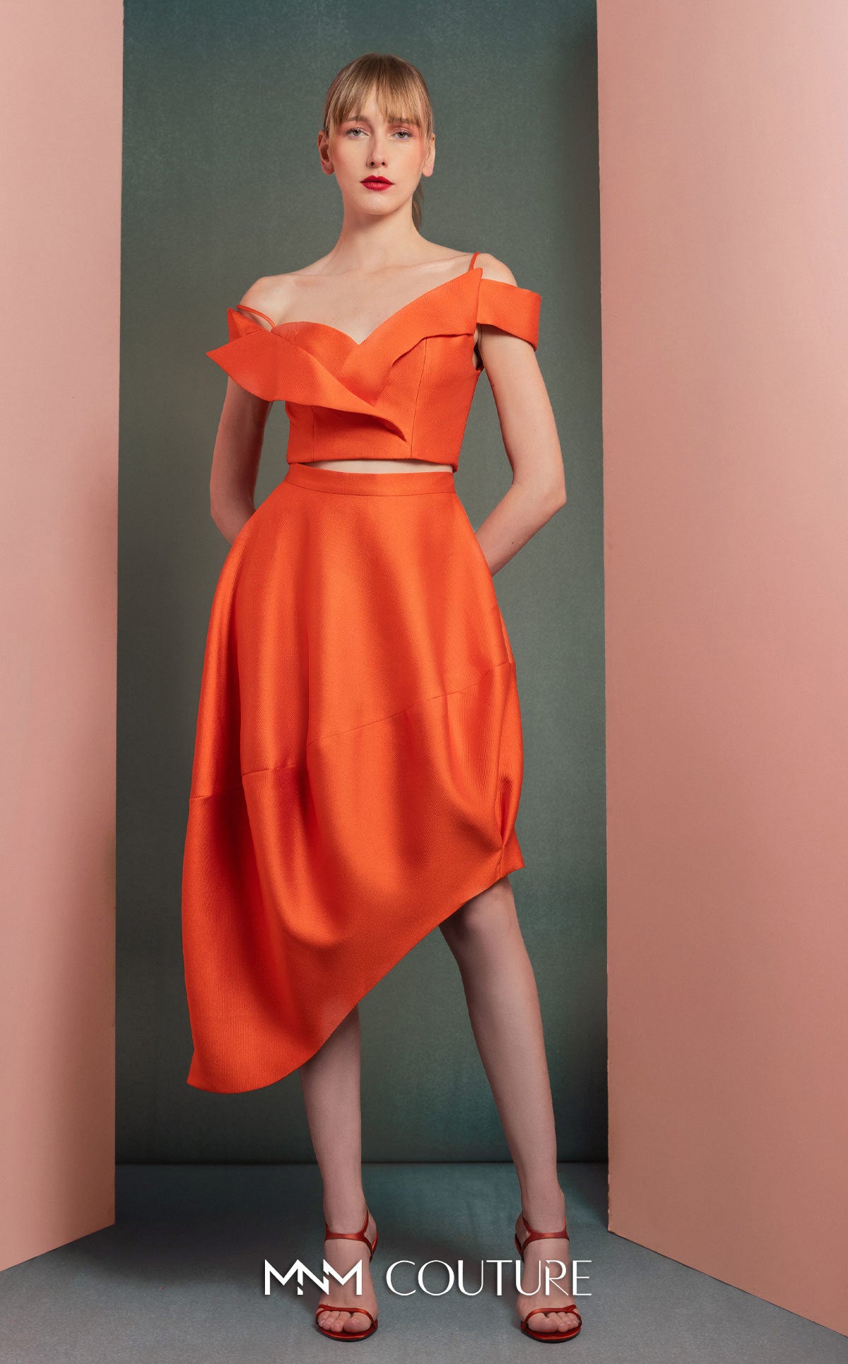 Style GOF2537 Vibrant Orange Off-Shoulder Cropped Top Asymmetrical High-Low Skirt with Elegant Draping