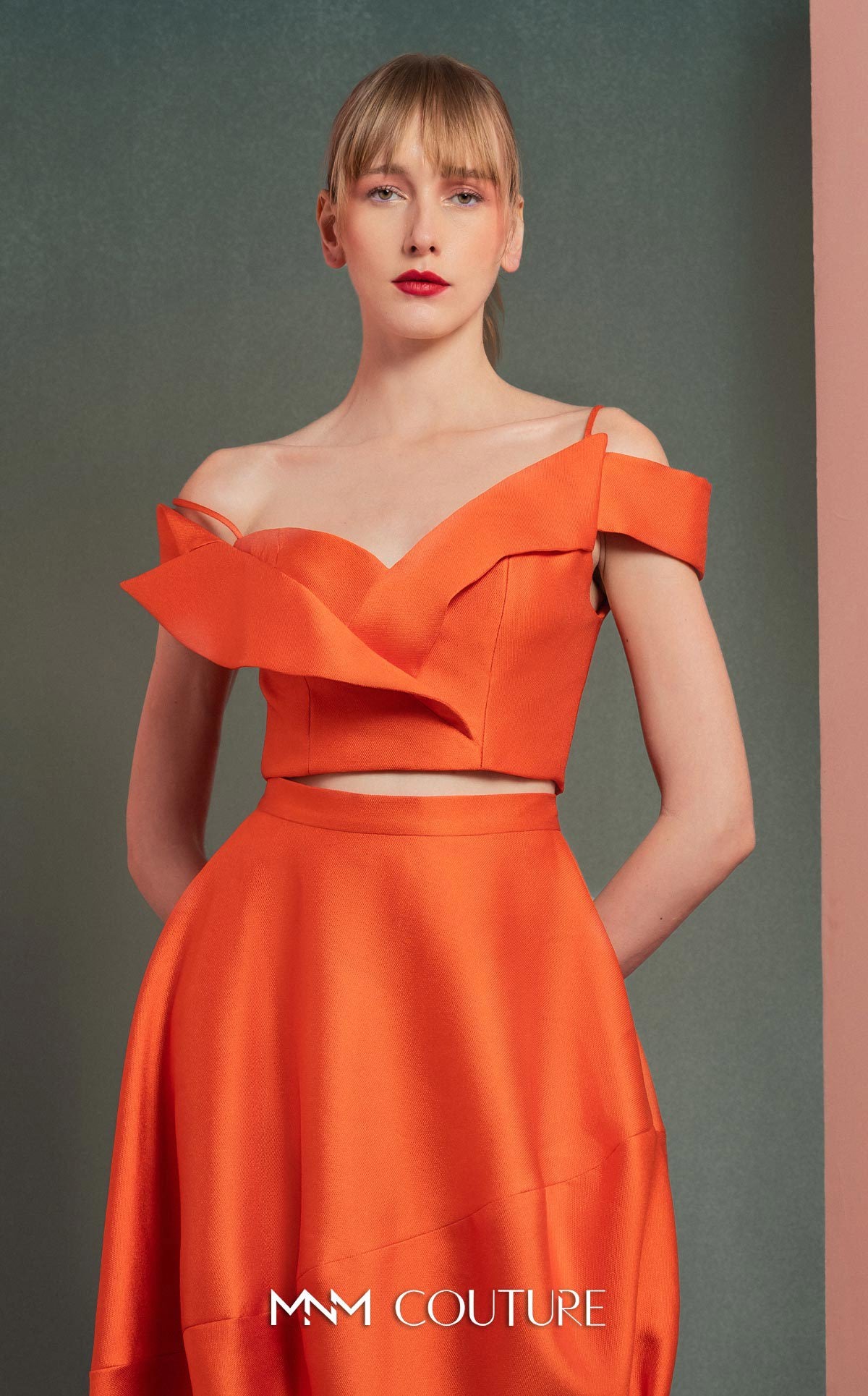 Style GOF2537 Vibrant Orange Off-Shoulder Cropped Top Asymmetrical High-Low Skirt with Elegant Draping