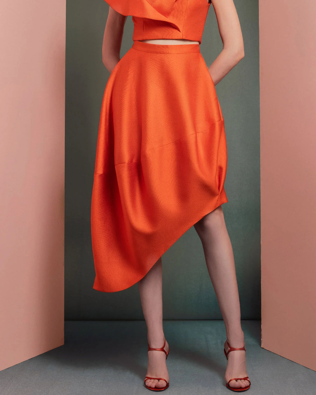 Style GOF2537 Vibrant Orange Off-Shoulder Cropped Top Asymmetrical High-Low Skirt with Elegant Draping