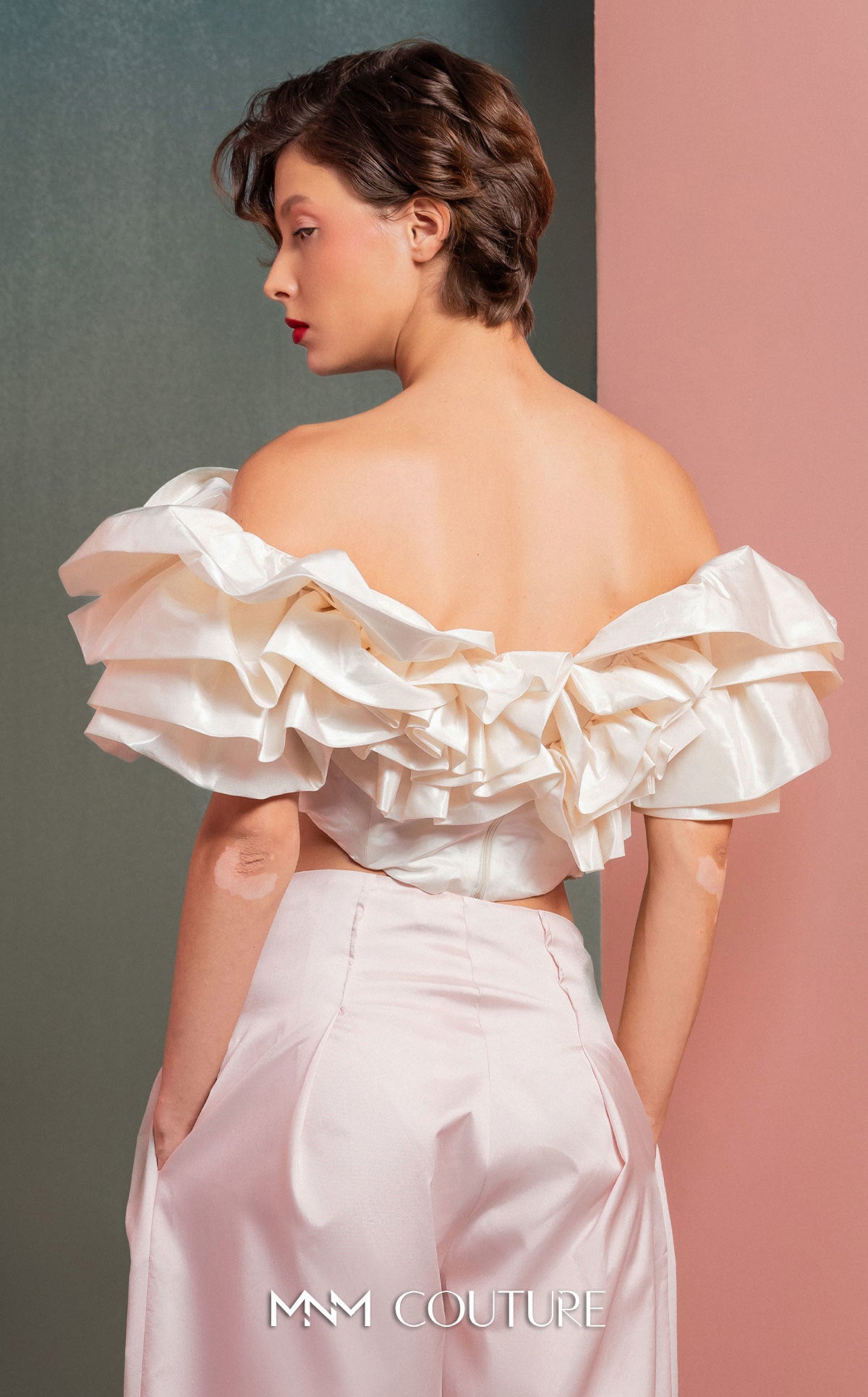 Style GOF2538 Luxurious Pearly Crop Top Ruffled Shoulders High-Waisted Wide-Leg Pants