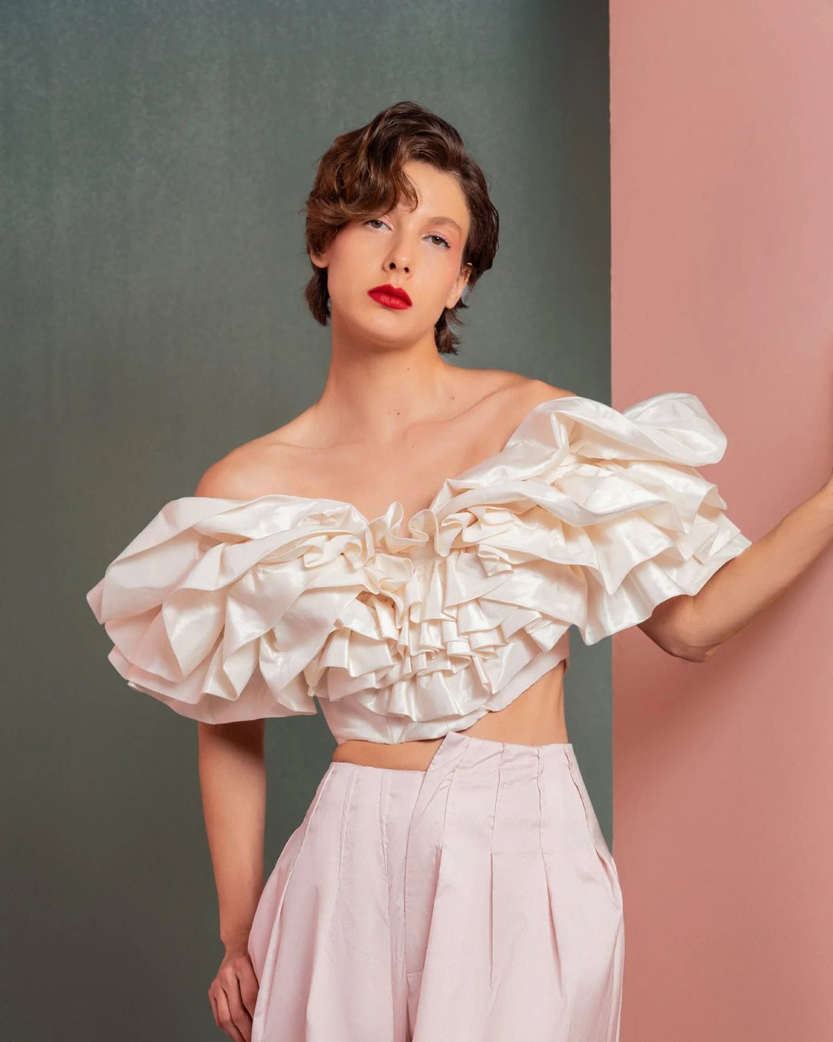 Style GOF2538 Luxurious Pearly Crop Top Ruffled Shoulders High-Waisted Wide-Leg Pants