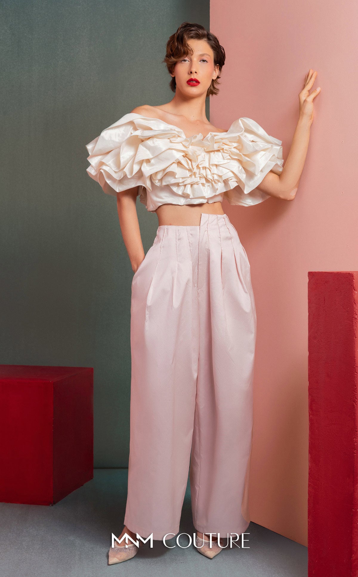 Style GOF2538 Luxurious Pearly Crop Top Ruffled Shoulders High-Waisted Wide-Leg Pants
