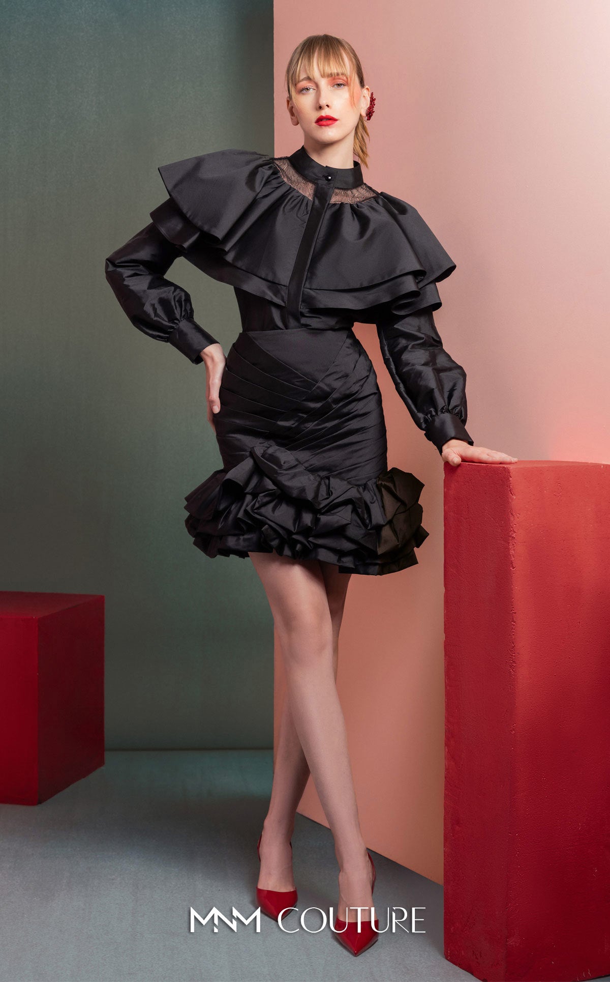 Style GOF2539 Dramatic Ruffled Blouse with Sheer Accents Elegant Ruffled Skirt with Ruched Detailing