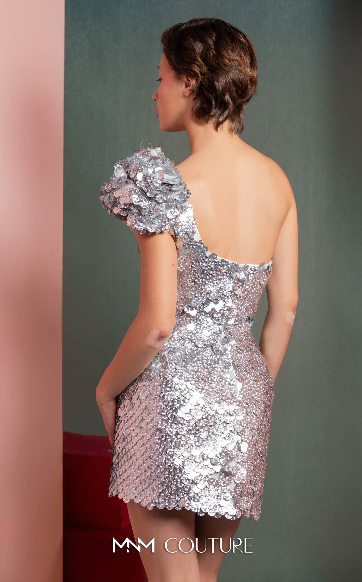 Style GOF2541 One-Shoulder Silver Sequin Mini Dress
