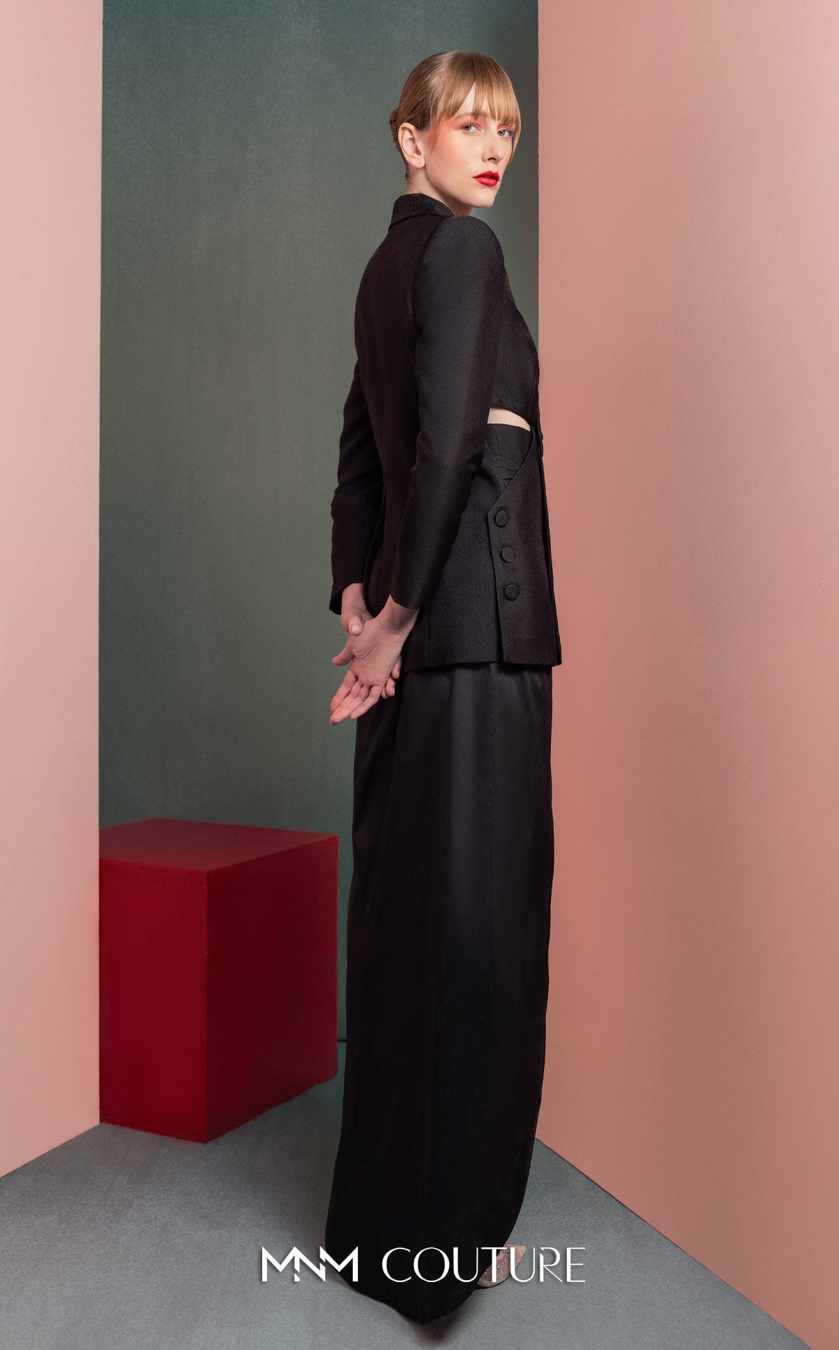 Style GOF2542 Structured Asymmetrical Blazer with Cut-Outs & Skirt