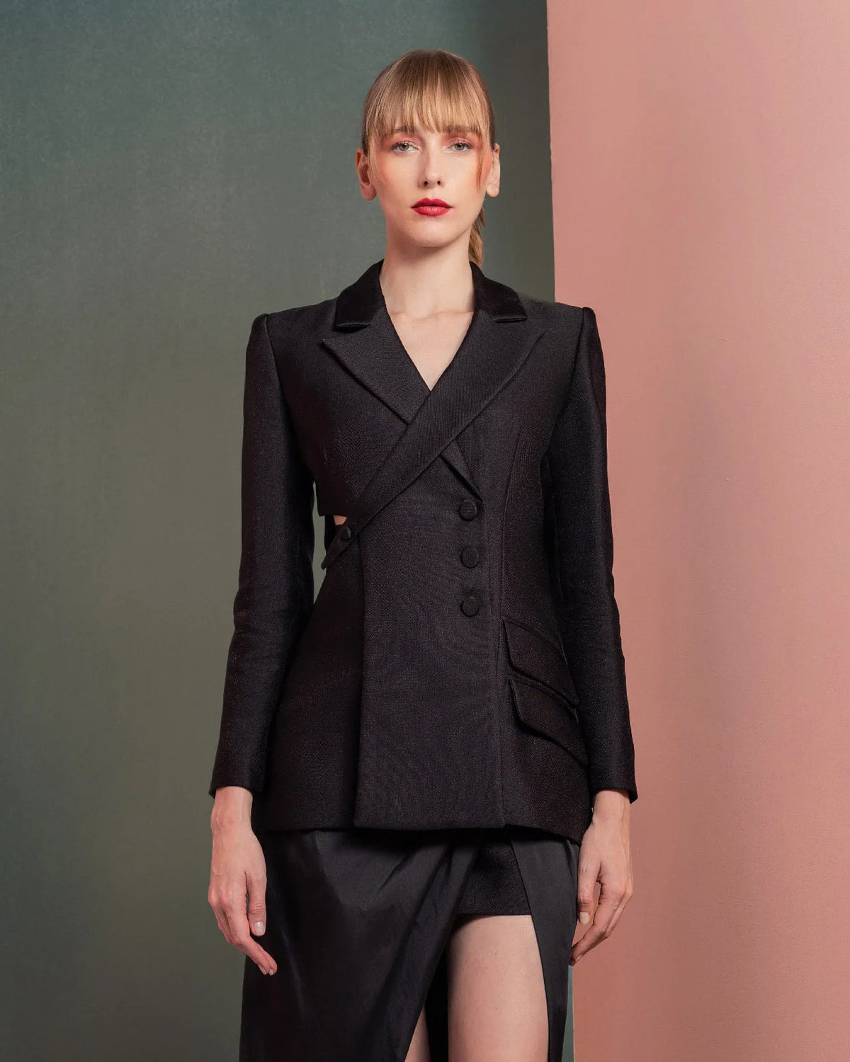 Style GOF2542 Structured Asymmetrical Blazer with Cut-Outs & Skirt