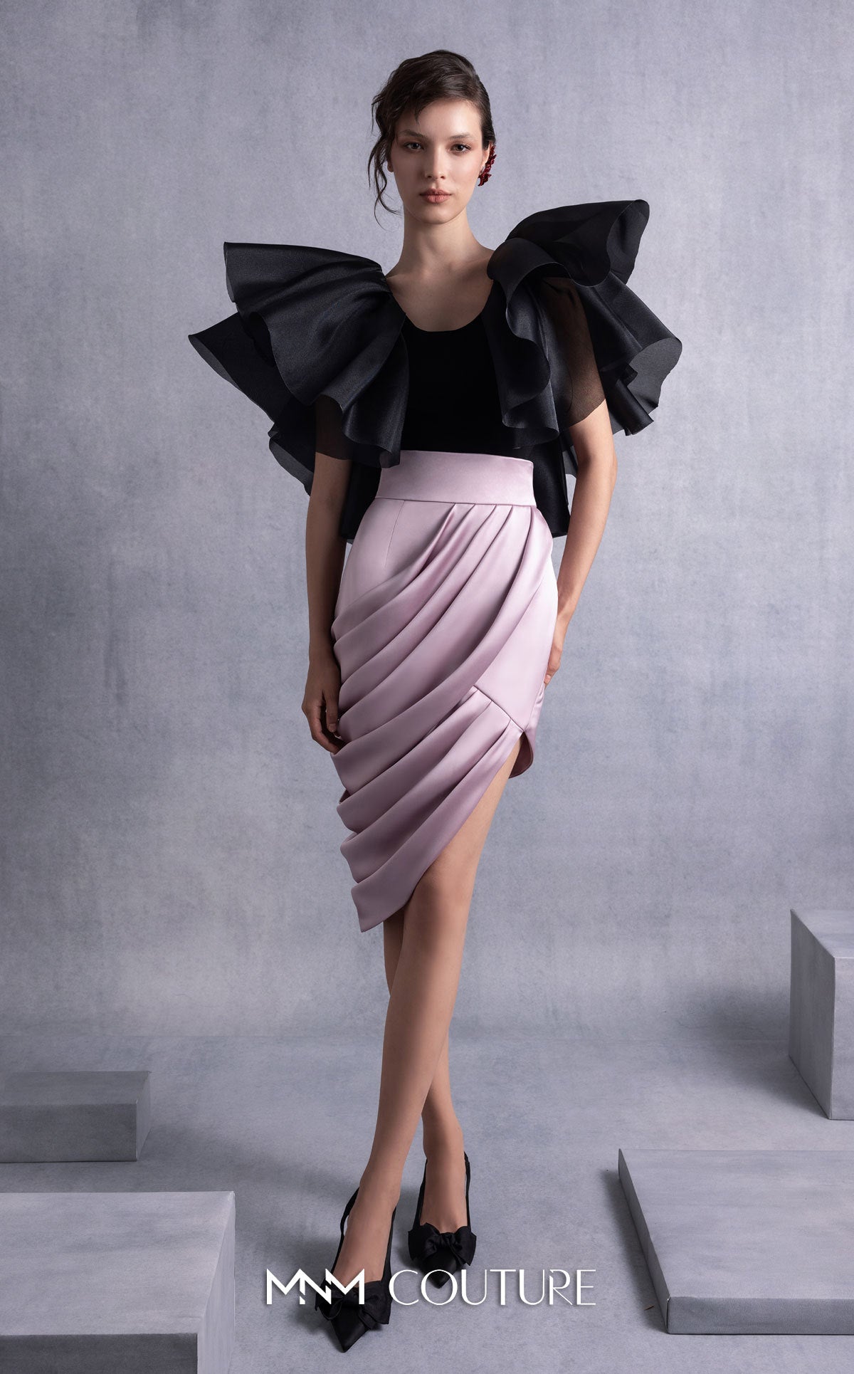 Style GOS2503 Exaggerated Shoulders Black Layered Organza Ruffle Top Satin High-Low Skirt