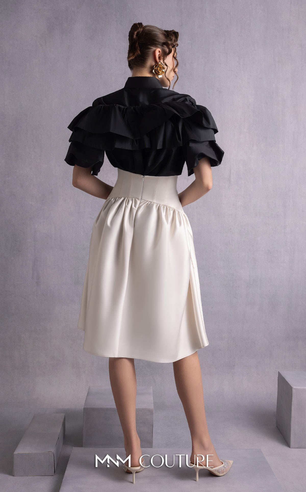 Style GOS2506 Cascading Ruffles Black Taffeta Top Gold Skirt