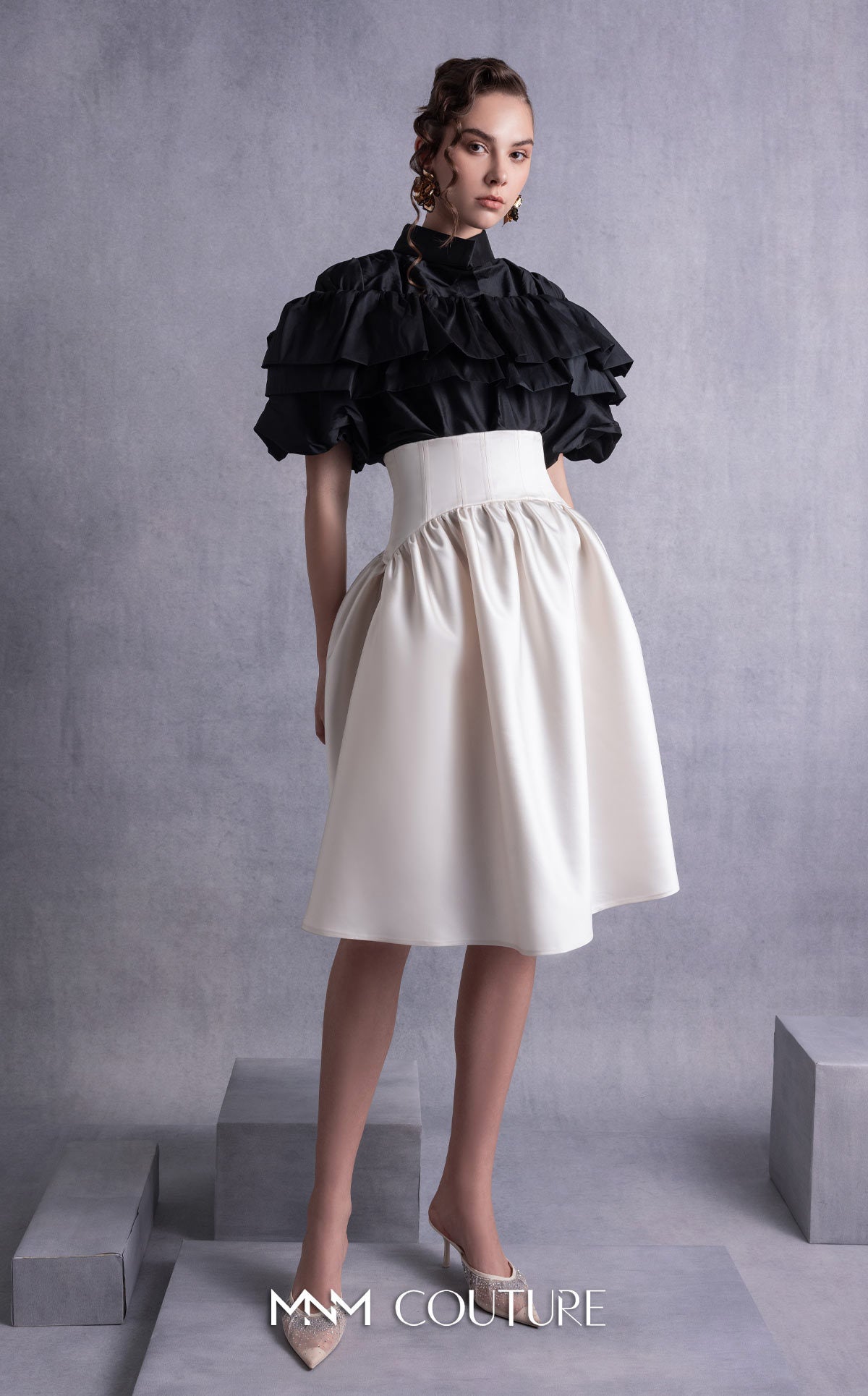 Style GOS2506 Cascading Ruffles Black Taffeta Top Gold Skirt
