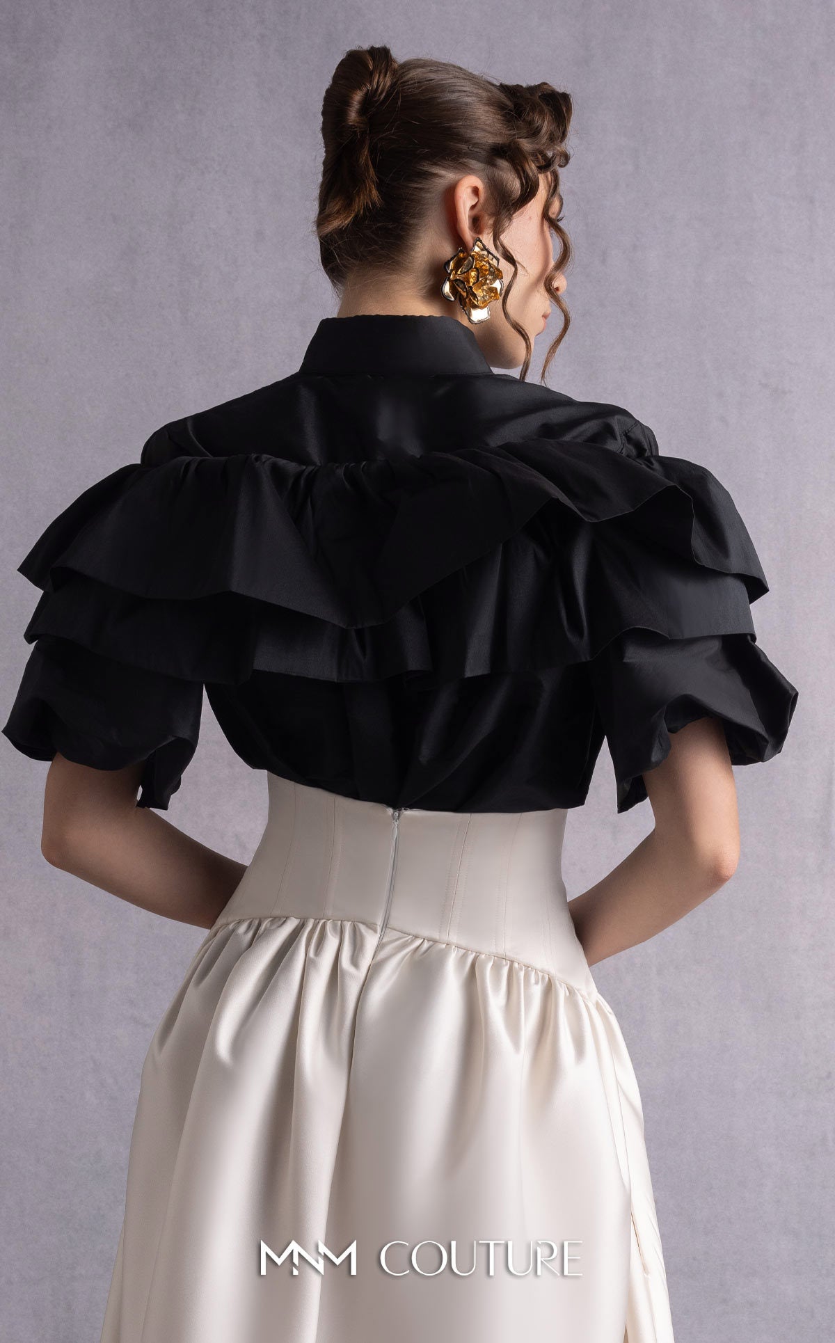 Style GOS2506 Cascading Ruffles Black Taffeta Top Gold Skirt