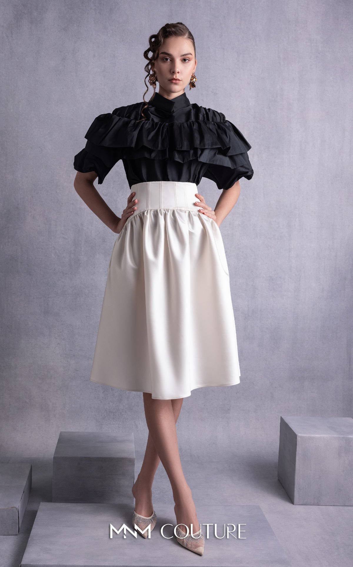 Style GOS2506 Cascading Ruffles Black Taffeta Top Gold Skirt