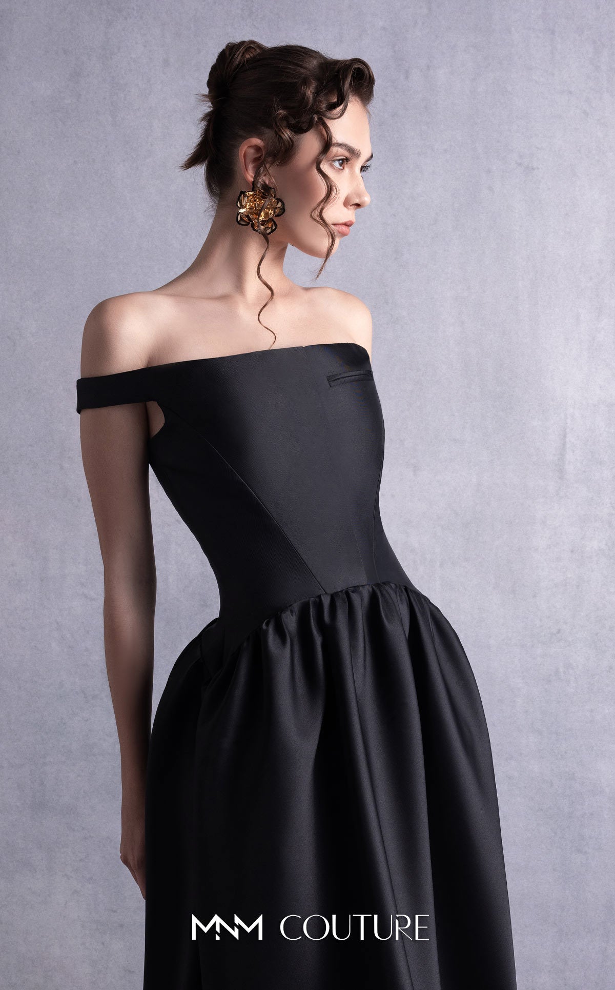 Style GOS2507 Elegant Thin Off-Shoulder Black Mikado Piqué Dress