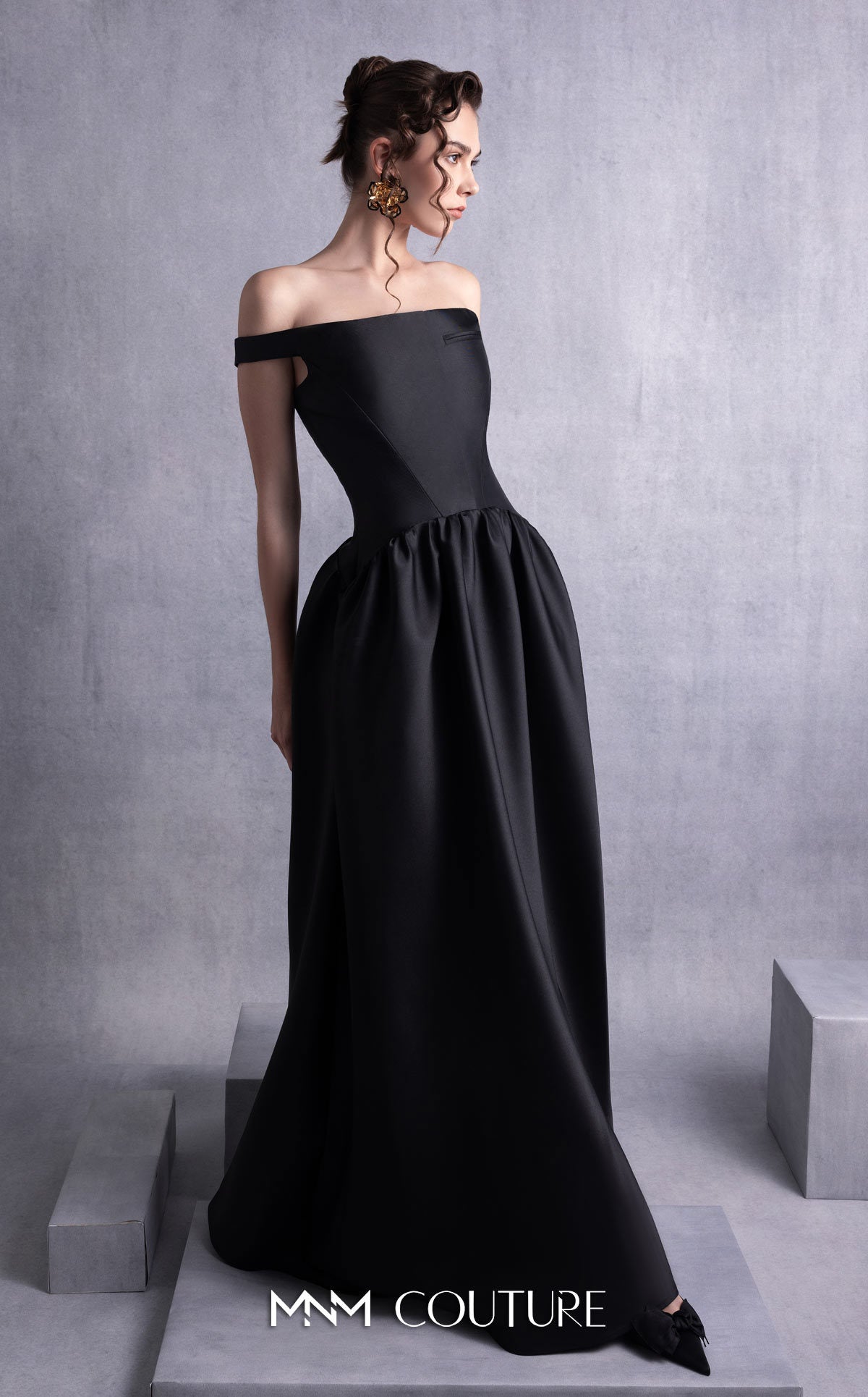 Style GOS2507 Elegant Thin Off-Shoulder Black Mikado Piqué Dress