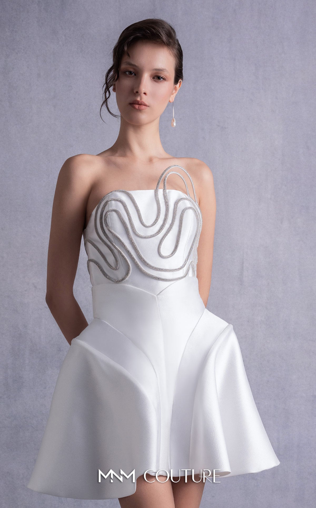 Style GOS2508 Structured Crystal-Trims Piqué Corset Top Flared Off-White Piqué Skirt