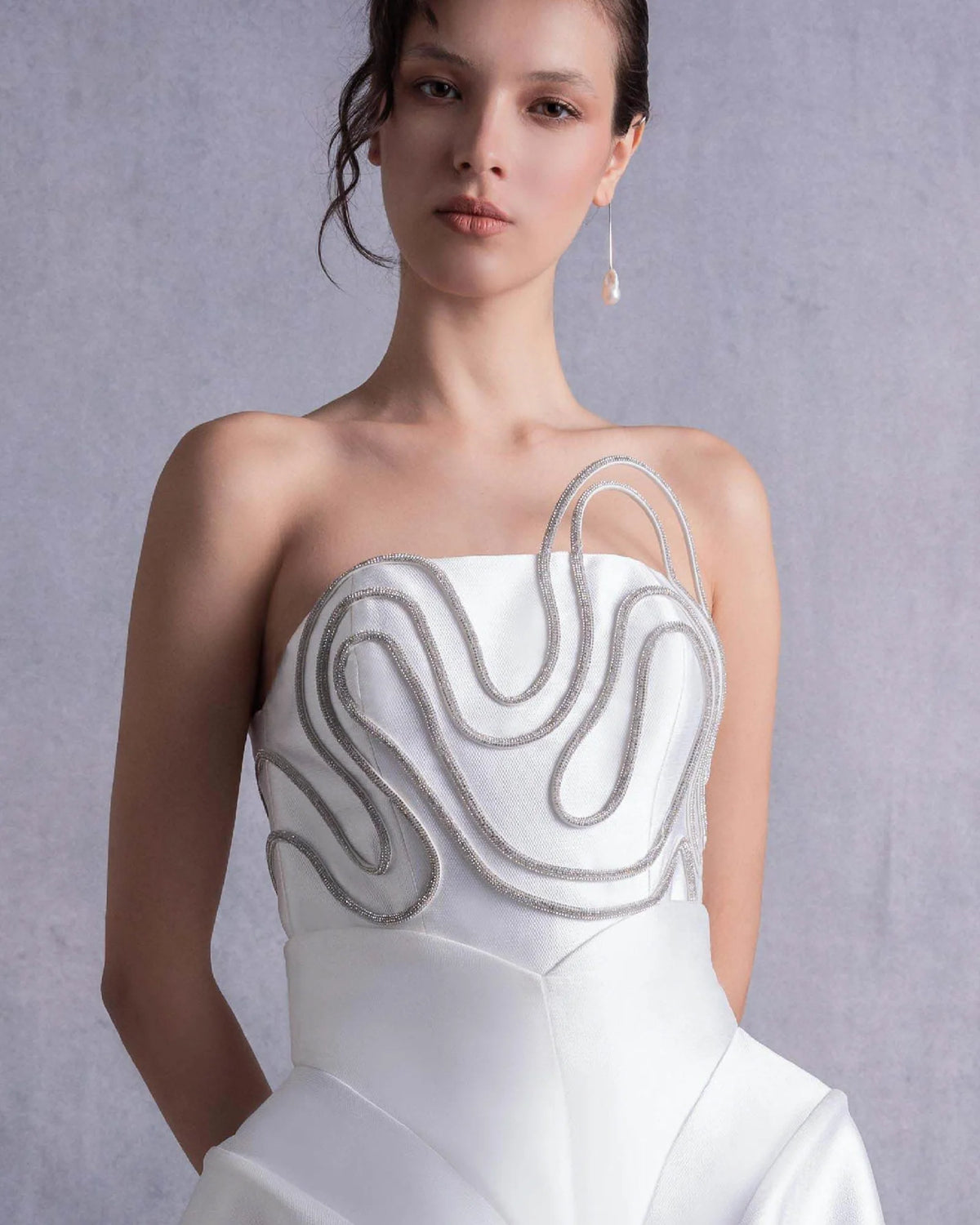 Style GOS2508 Structured Crystal-Trims Piqué Corset Top Flared Off-White Piqué Skirt