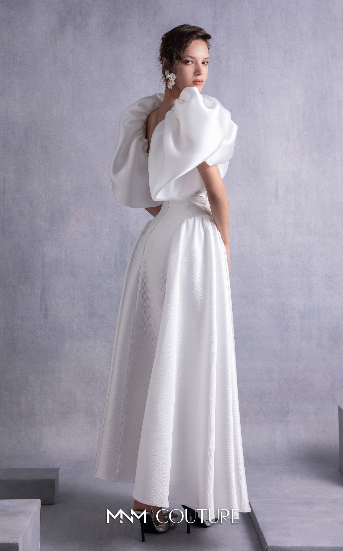 Style GOS2510 Crystal-Dotted Jersey Body with Petal-like Organza Shoulders Piqué Midi Skirt