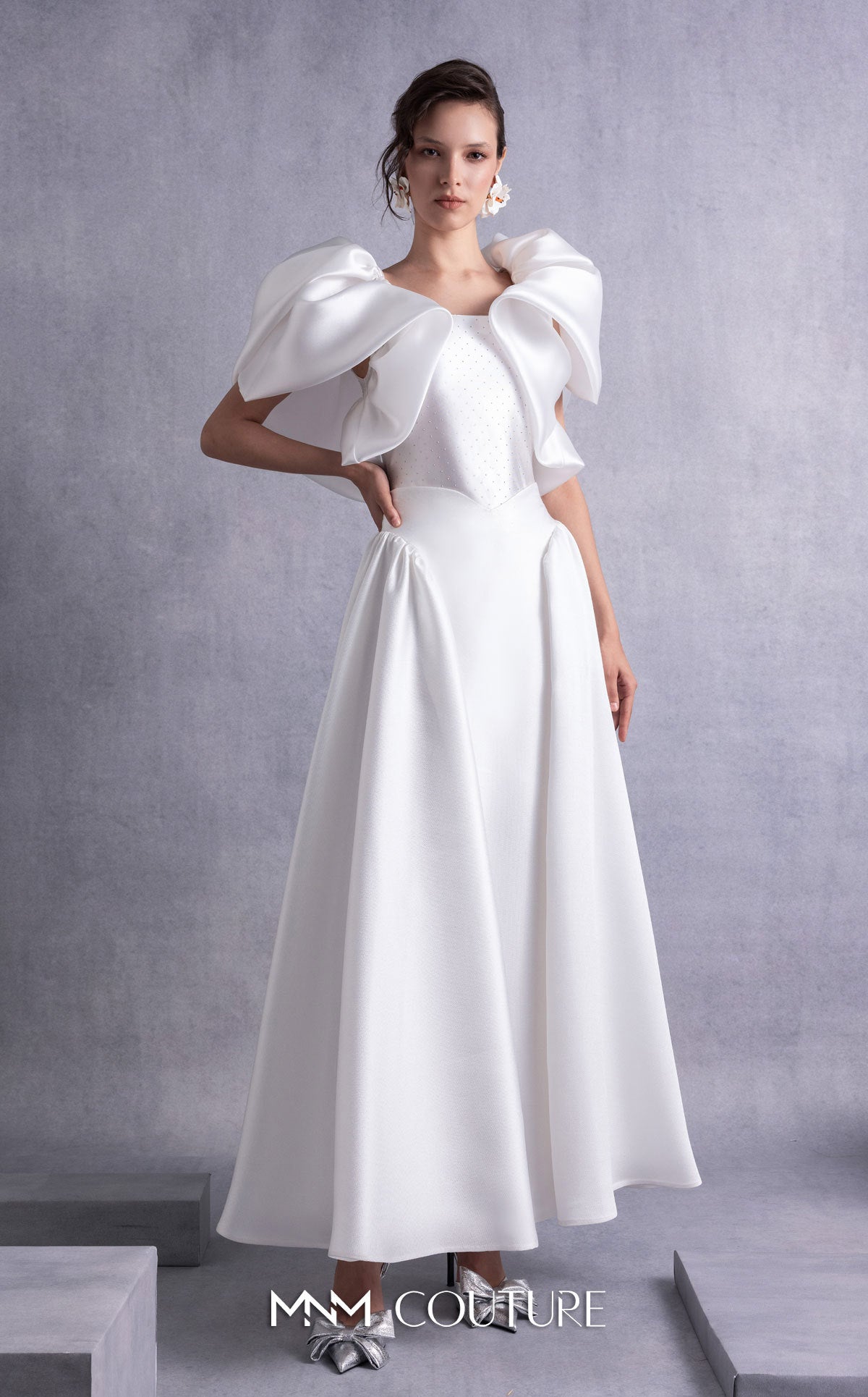 Style GOS2510 Crystal-Dotted Jersey Body with Petal-like Organza Shoulders Piqué Midi Skirt