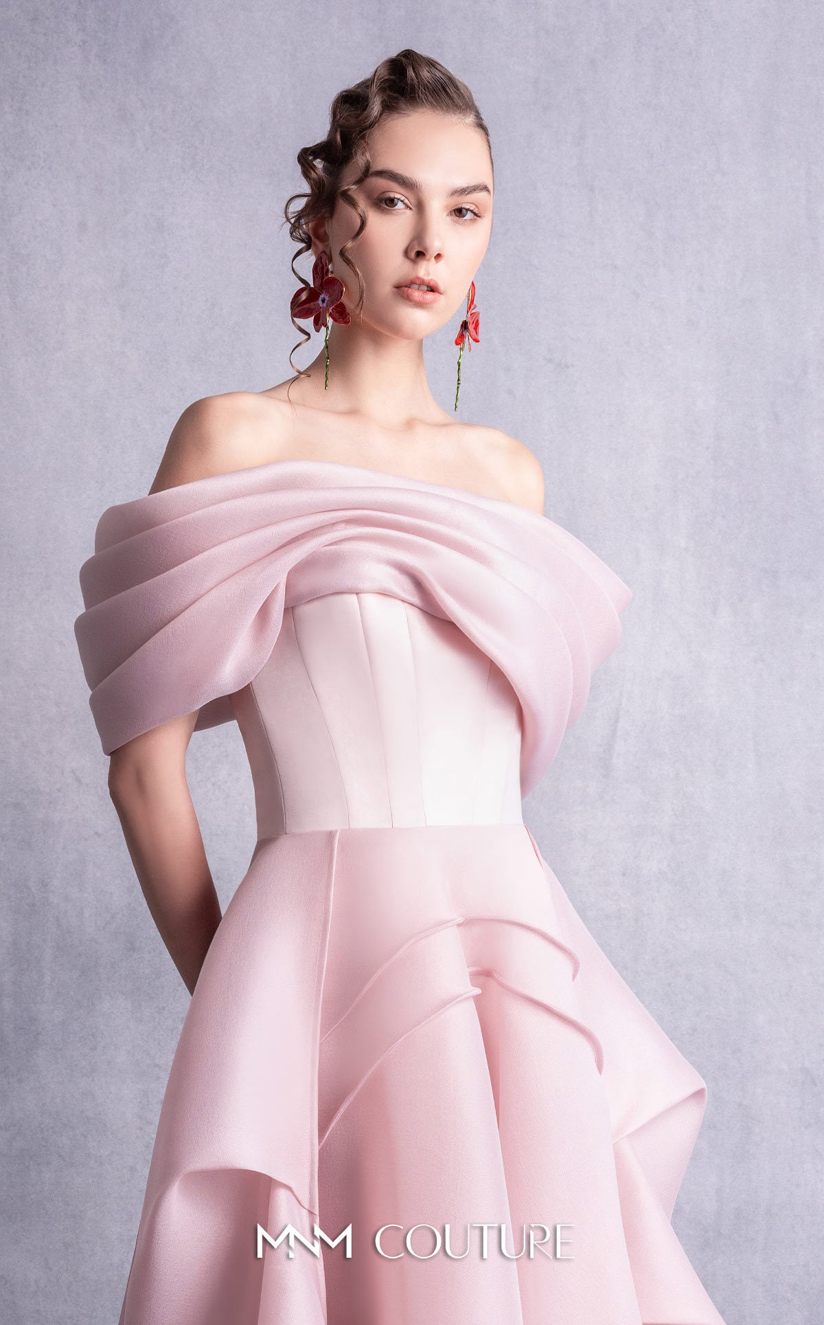 Style GOS2513 Elegant Layered Off-Shoulder Pink Organza Dress