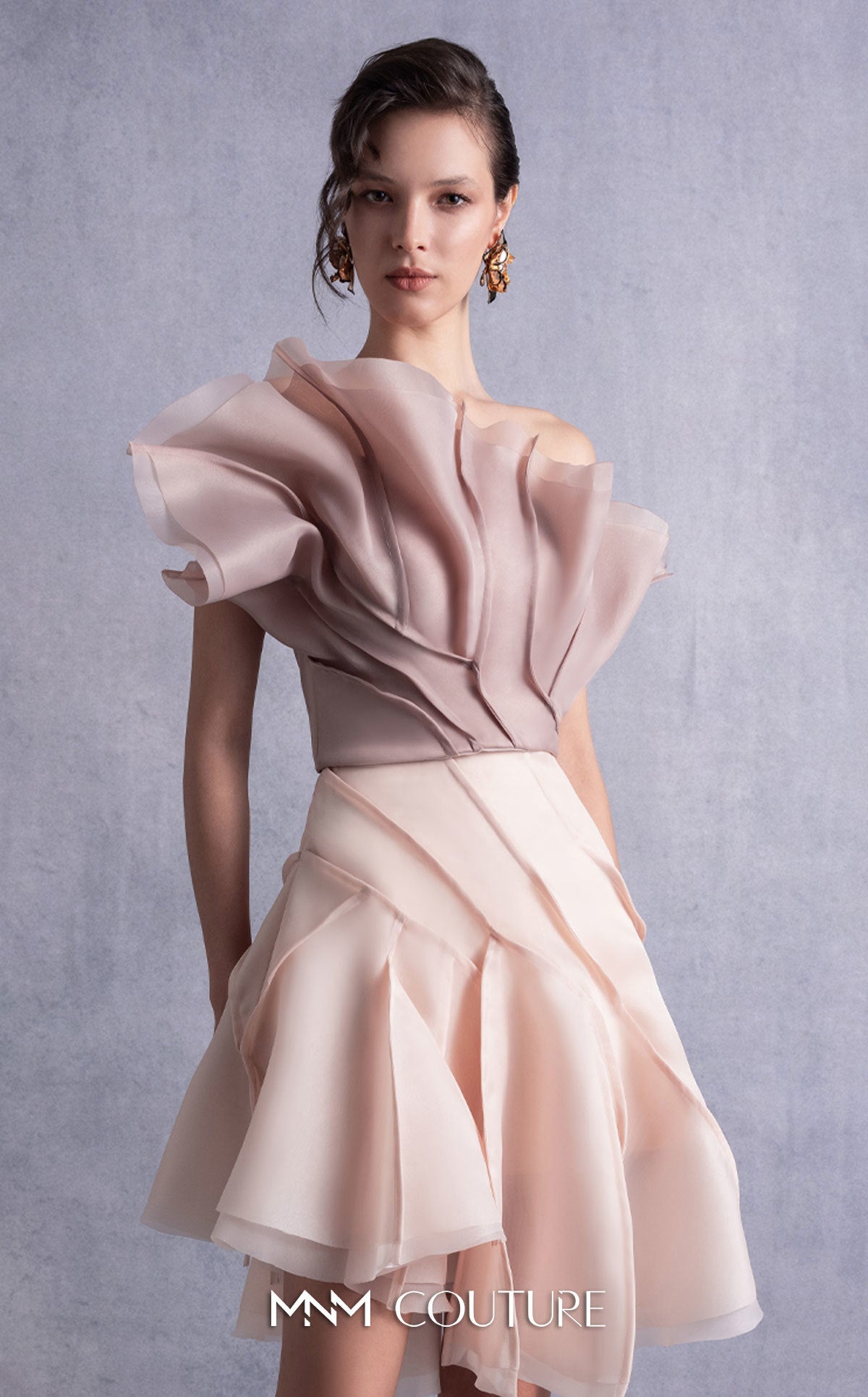 Style GOS2514 Asymmetrical Layered Nude Coffee Organza Top & Skirt