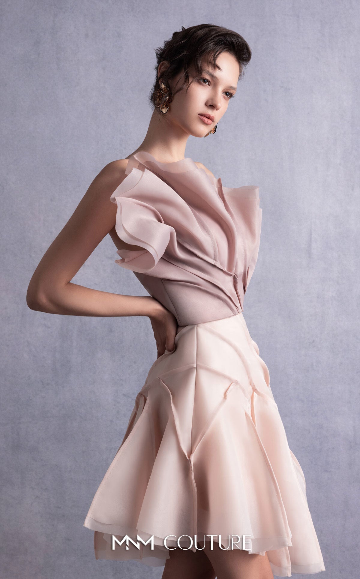 Style GOS2514 Asymmetrical Layered Nude Coffee Organza Top & Skirt