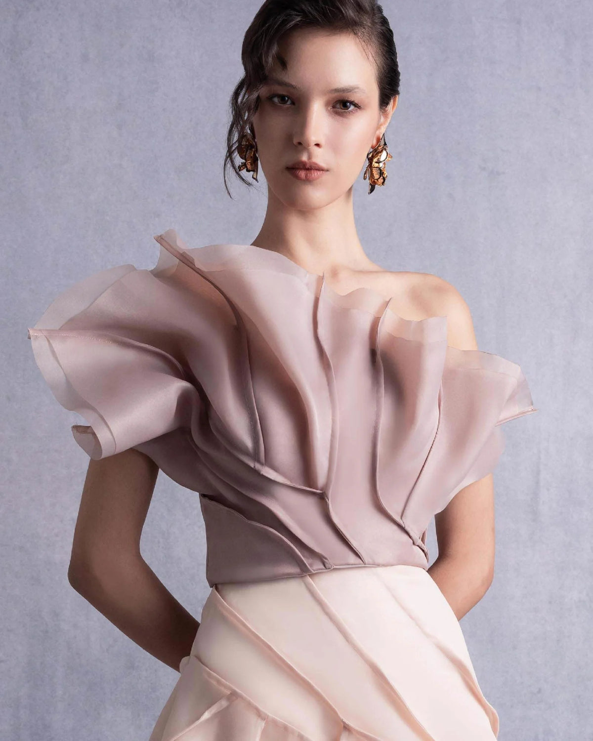 Style GOS2514 Asymmetrical Layered Nude Coffee Organza Top & Skirt