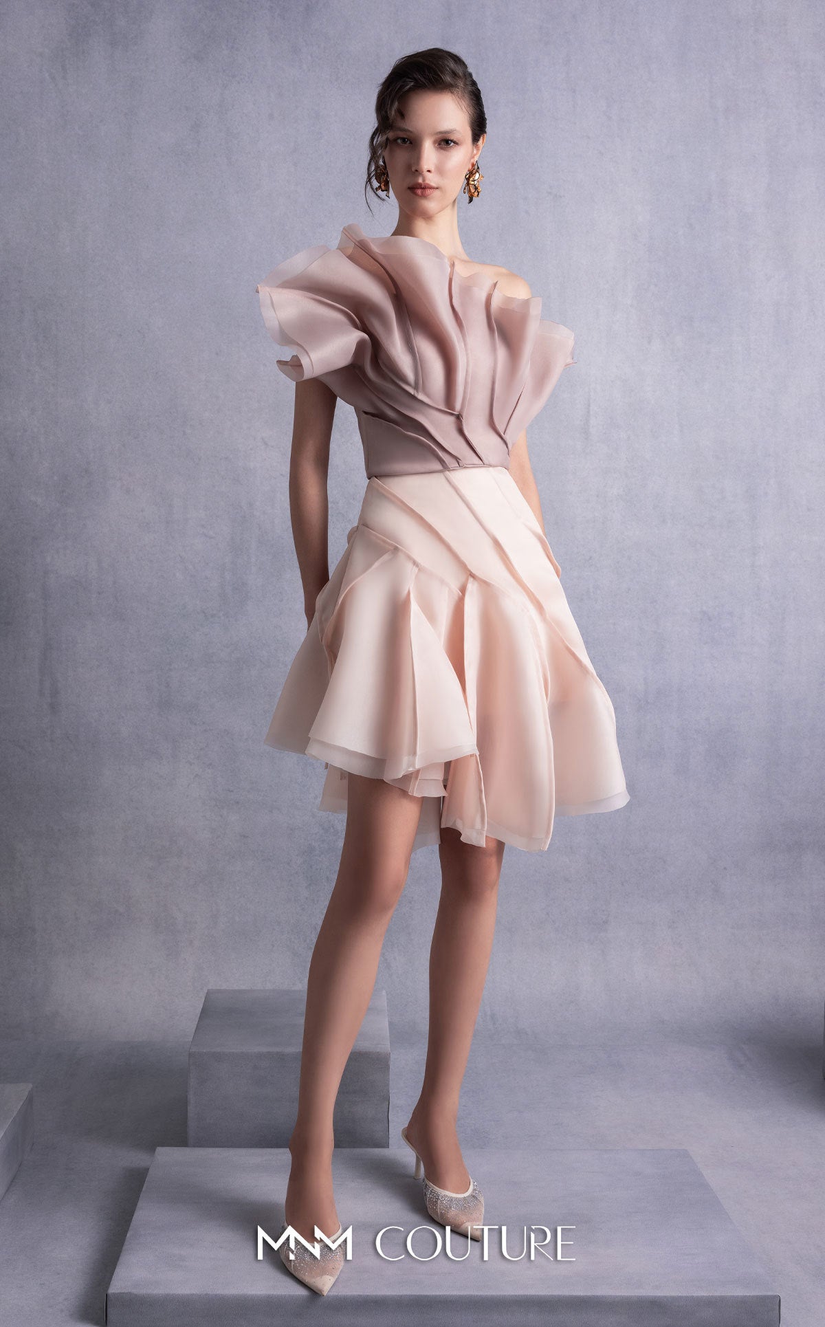 Style GOS2514 Asymmetrical Layered Nude Coffee Organza Top & Skirt