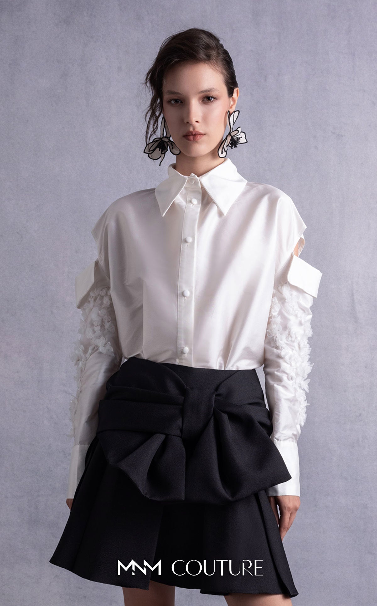 Style GOS2519 Pearly Embroidered Sleeves Off-White Taffeta Blouse Black Piqué Skirt