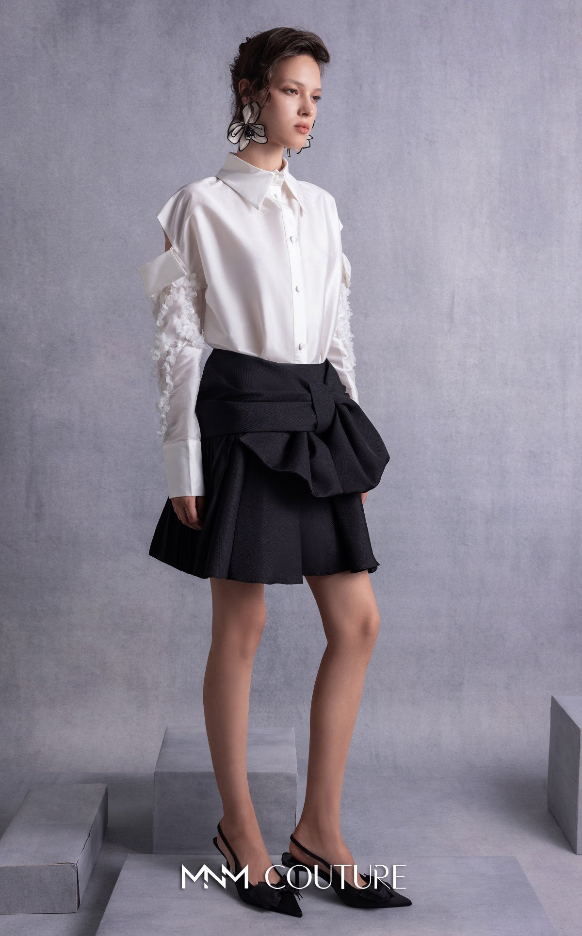 Style GOS2519 Pearly Embroidered Sleeves Off-White Taffeta Blouse Black Piqué Skirt