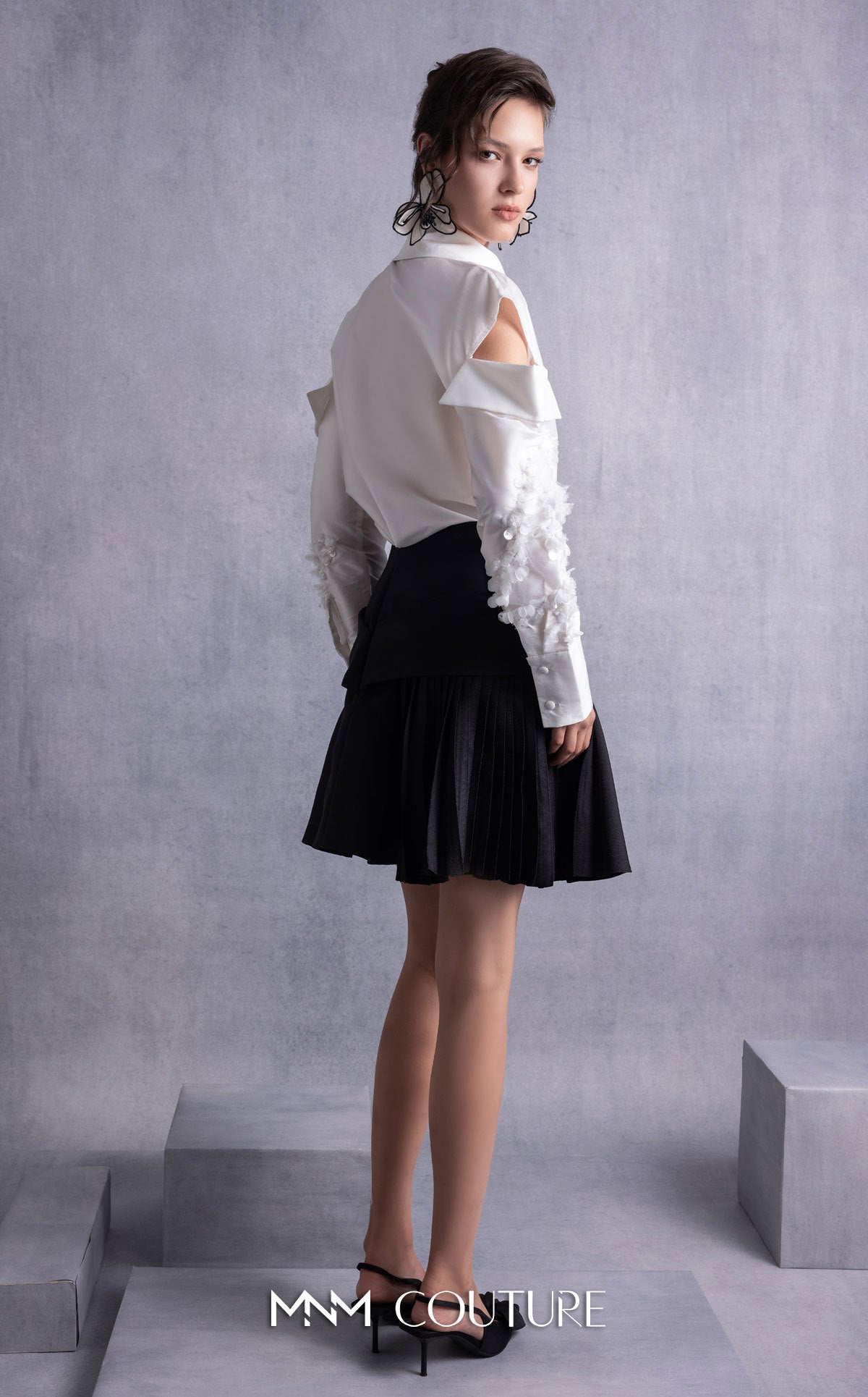 Style GOS2519 Pearly Embroidered Sleeves Off-White Taffeta Blouse Black Piqué Skirt
