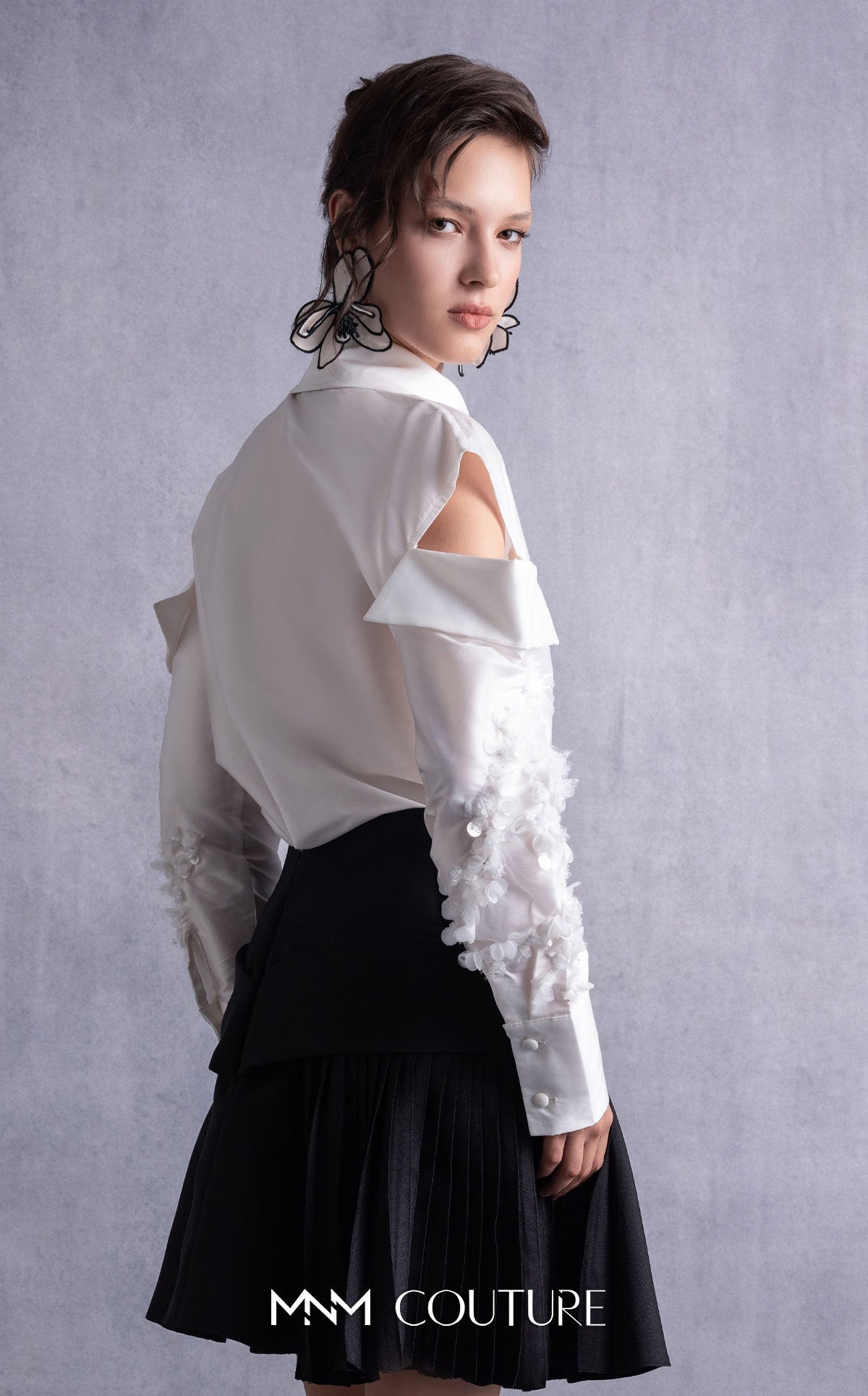 Style GOS2519 Pearly Embroidered Sleeves Off-White Taffeta Blouse Black Piqué Skirt