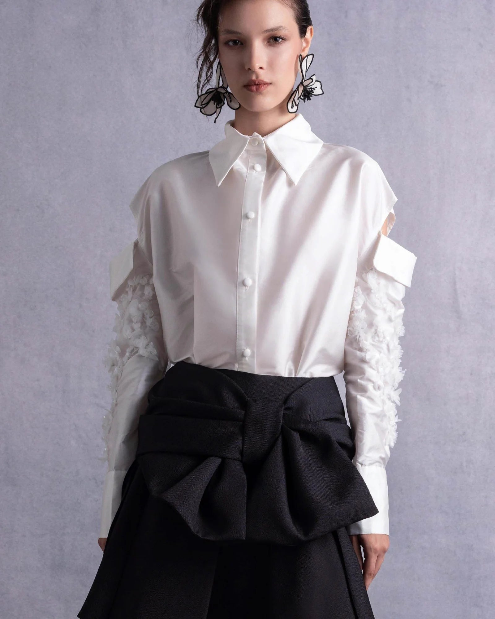 Style GOS2519 Pearly Embroidered Sleeves Off-White Taffeta Blouse Black Piqué Skirt