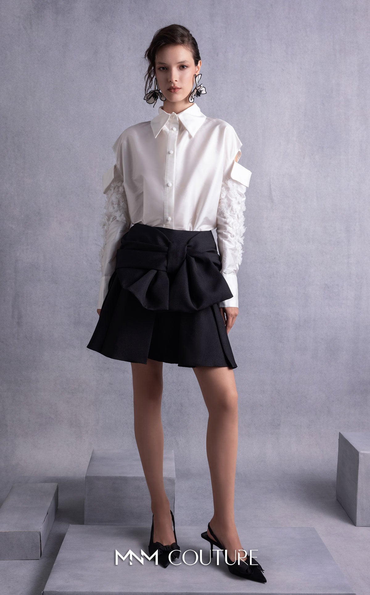 Style GOS2519 Pearly Embroidered Sleeves Off-White Taffeta Blouse Black Piqué Skirt